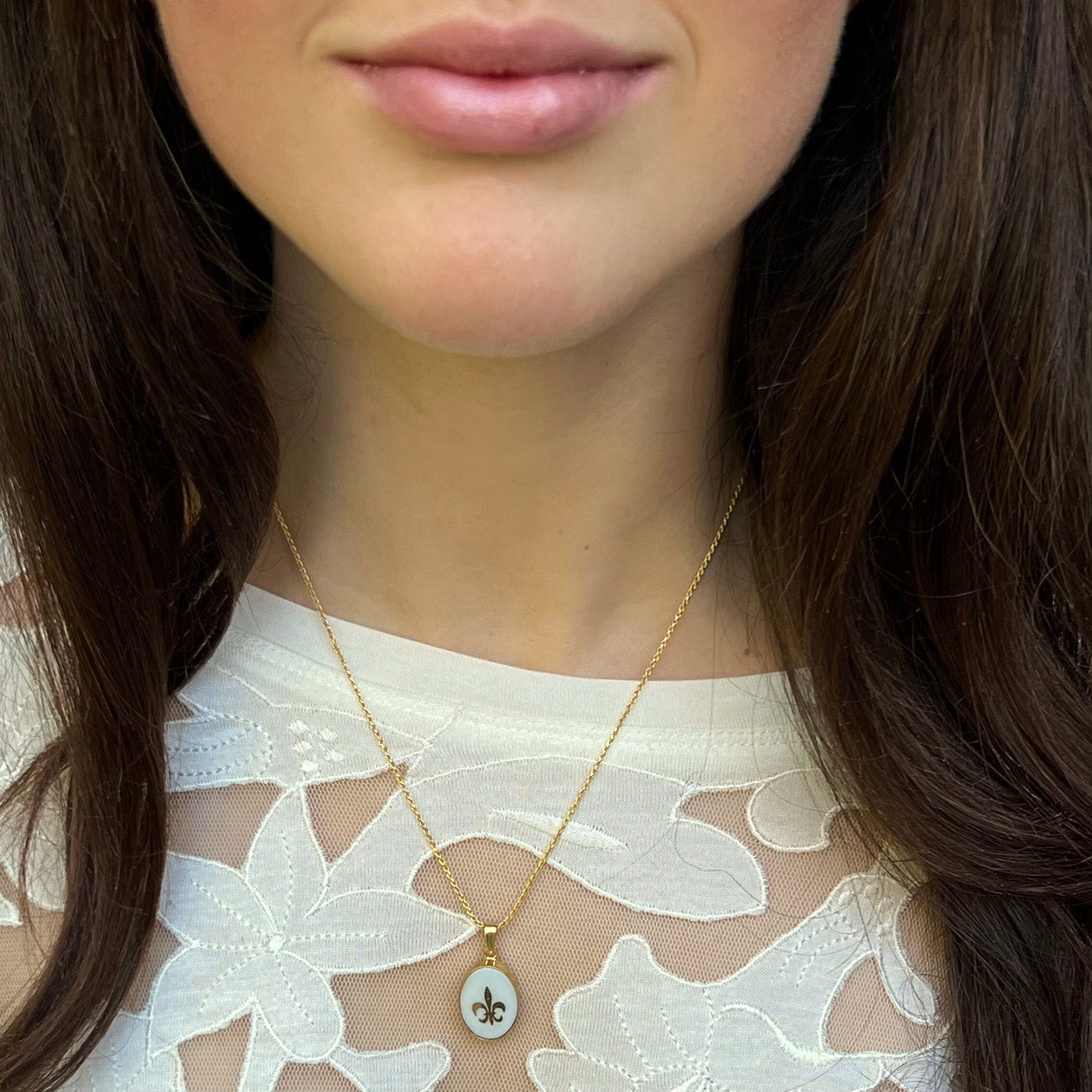 Dainty Fleur de Lis Gold China Necklace handmade with French Art Deco Porcelain & Sterling Silver