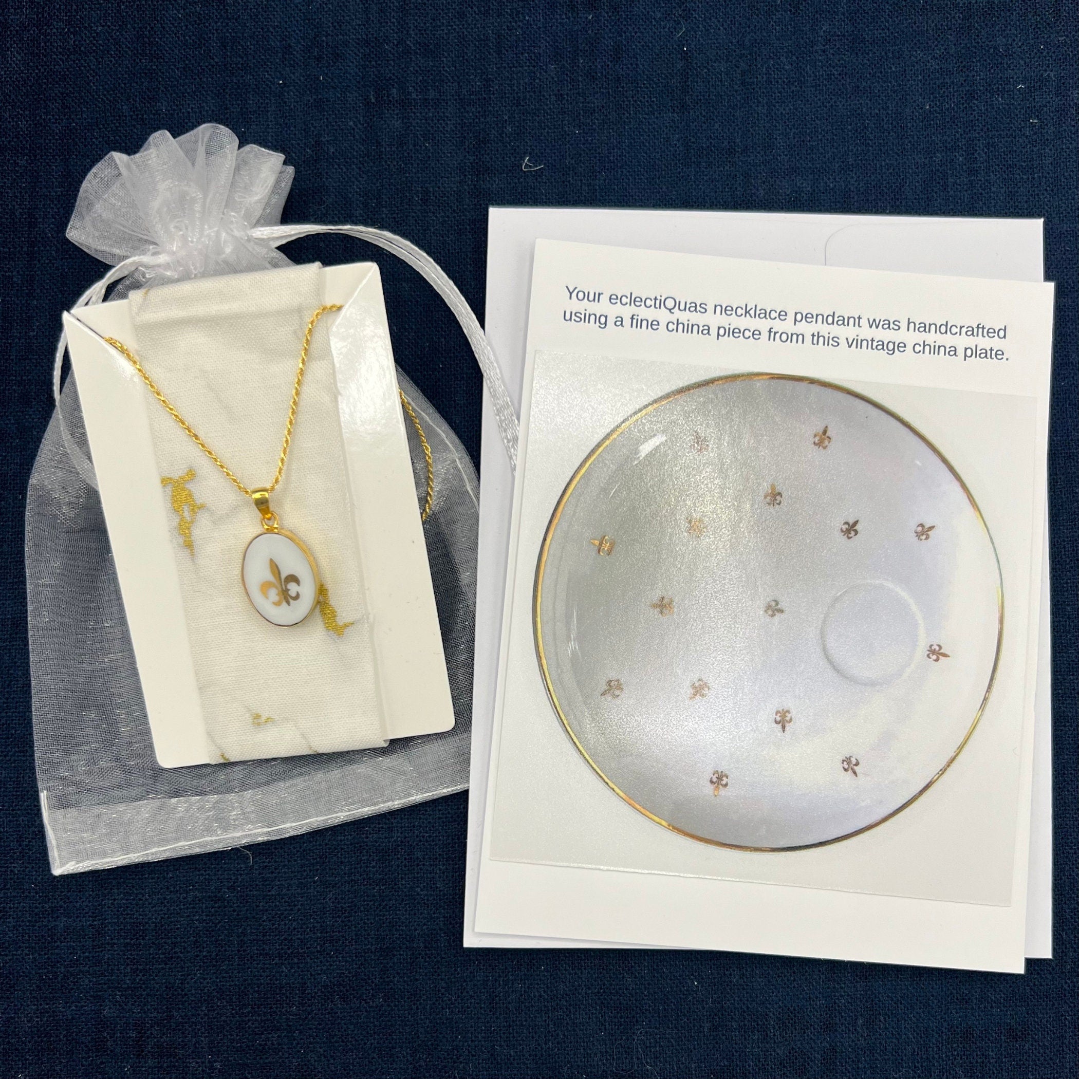 Dainty Fleur de Lis Gold China Necklace handmade with French Art Deco Porcelain & Sterling Silver