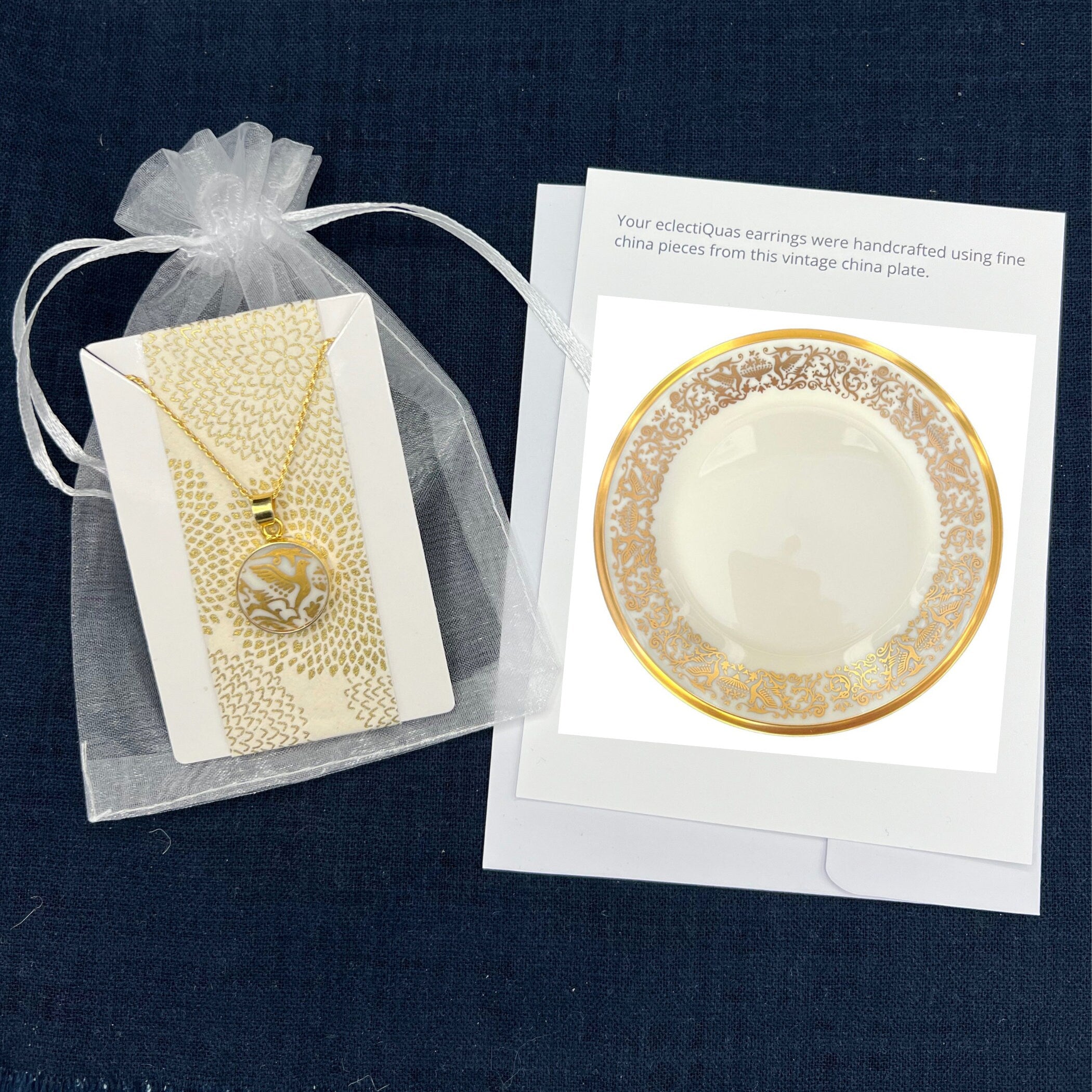 Intricate Gold China Bird and Heart China Necklaces handmade with Vintage Lenox Tuscany China, Dainty Broken China Jewelry Gift for Her