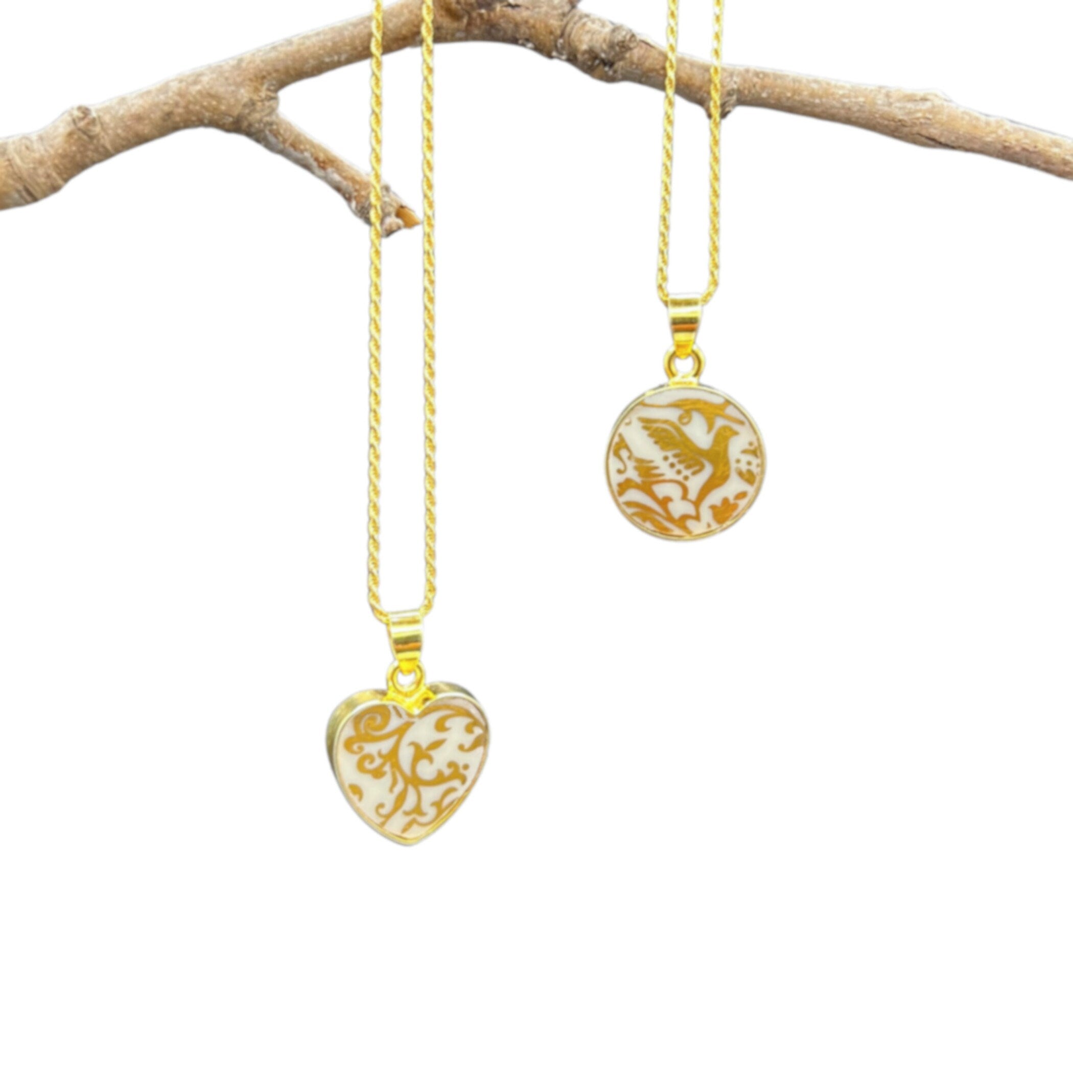 Intricate Gold China Bird and Heart China Necklaces handmade with Vintage Lenox Tuscany China, Dainty Broken China Jewelry Gift for Her