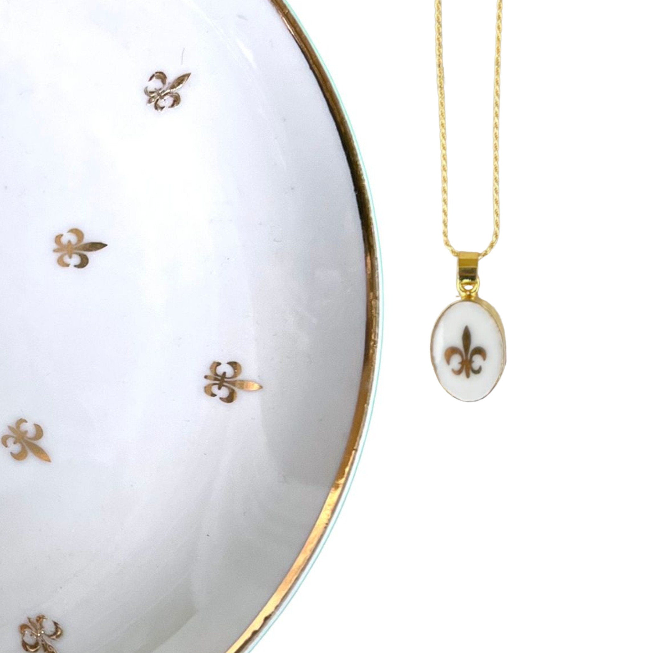 Dainty Fleur de Lis Gold China Necklace handmade with French Art Deco Porcelain & Sterling Silver