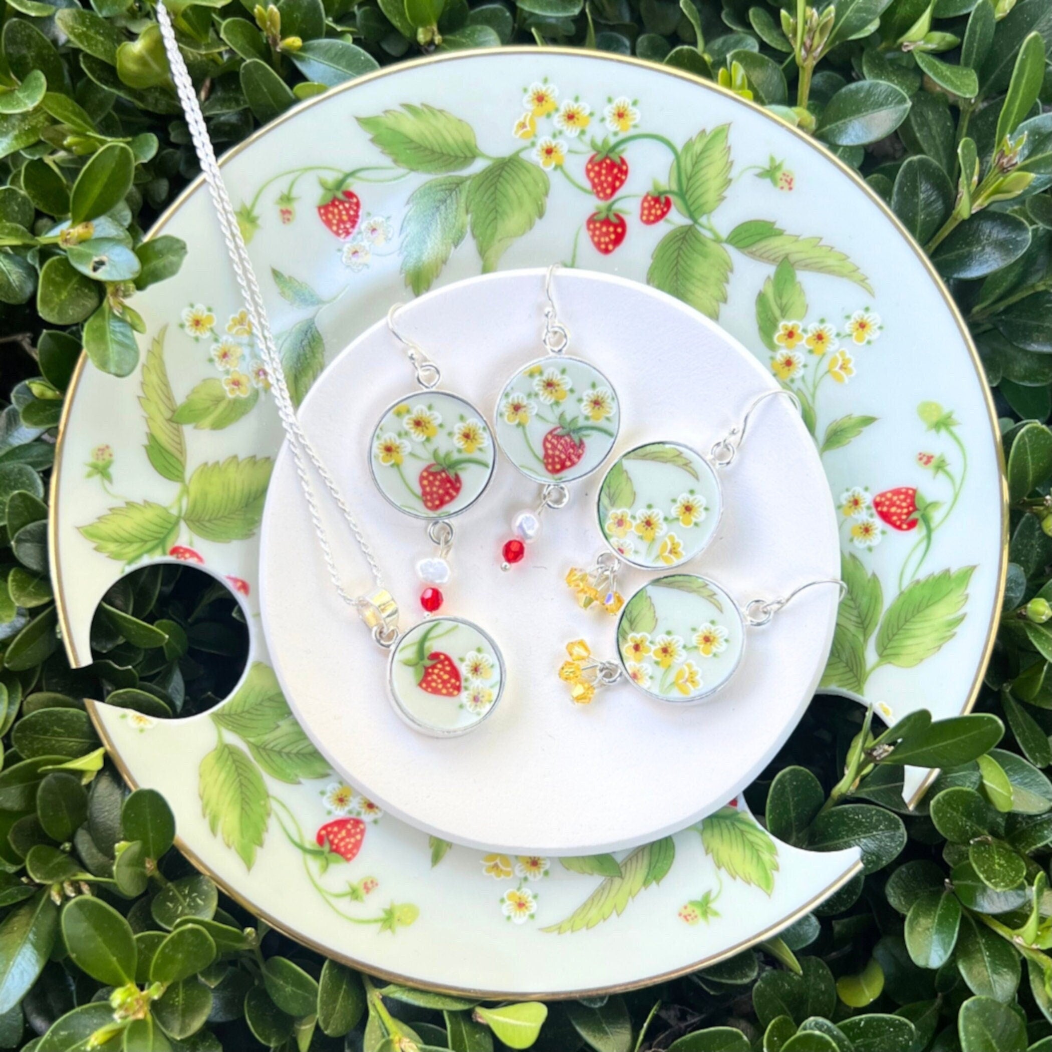 Broken China Jewelry handmade with Vintage Strawberry China