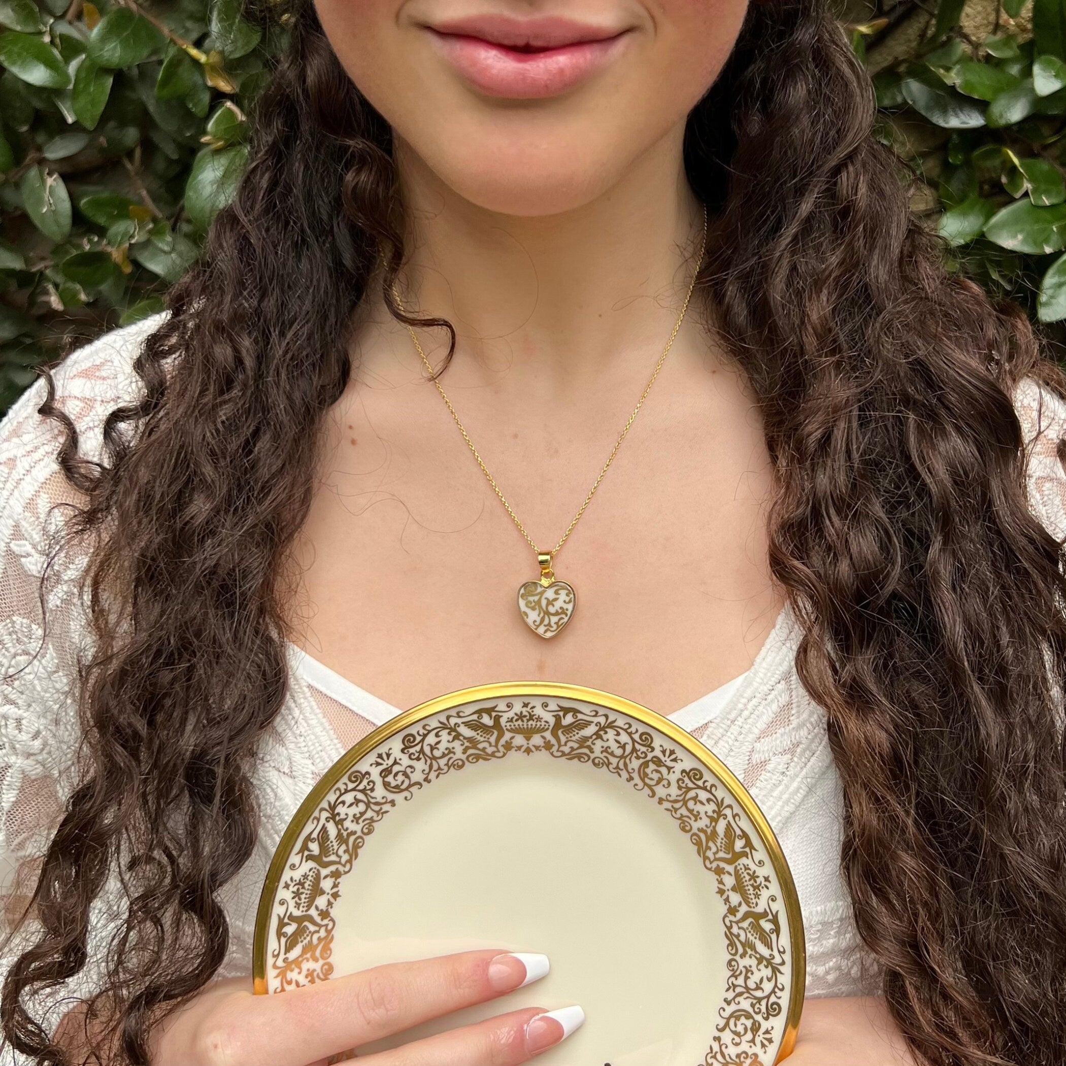 Intricate Gold China Bird and Heart China Necklaces handmade with Vintage Lenox Tuscany China, Dainty Broken China Jewelry Gift for Her