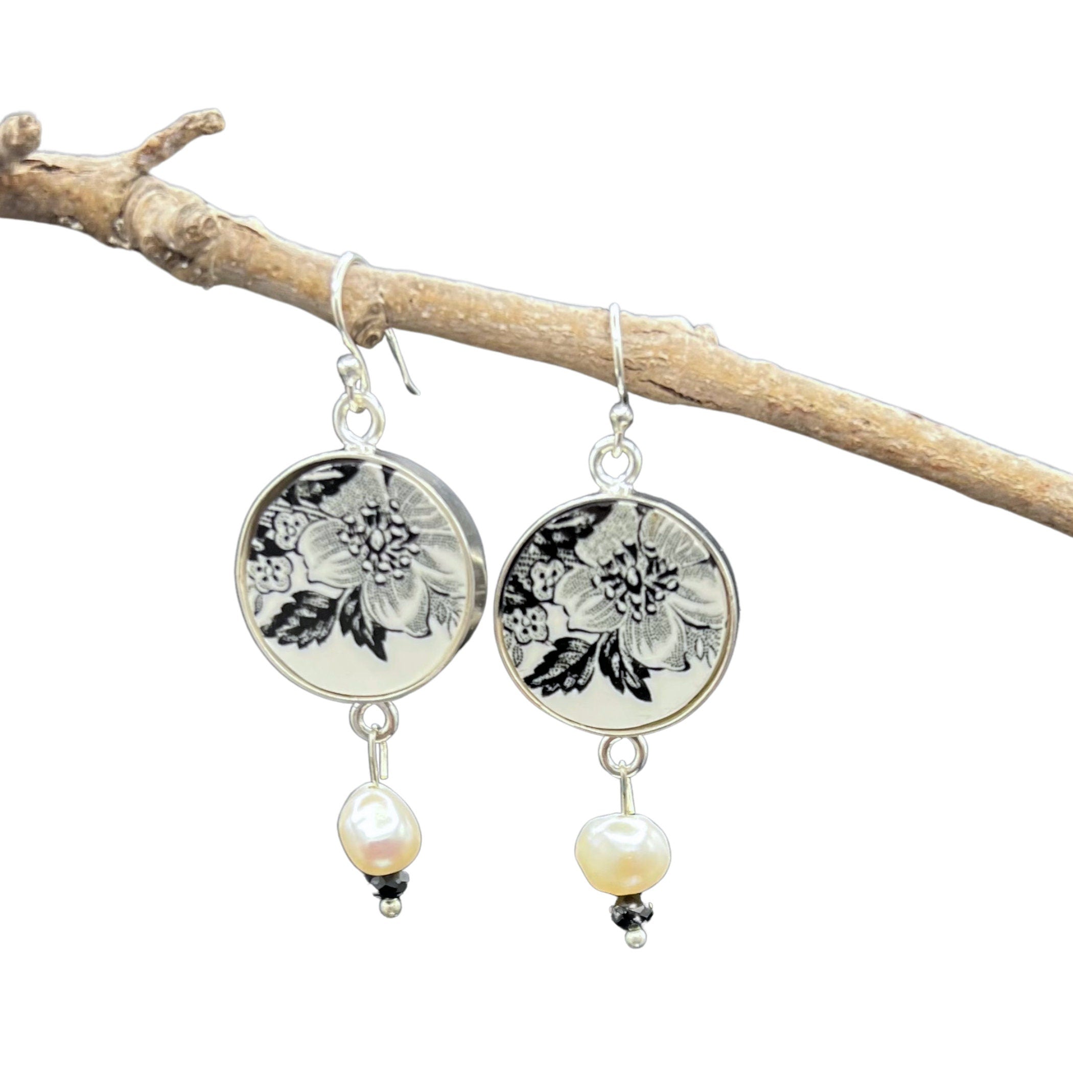 Black and White China Earrings handmade from Upcycled Wedgwood Black Transferware, Rose Broken China Jewelry Gift for Vintage China Lovers