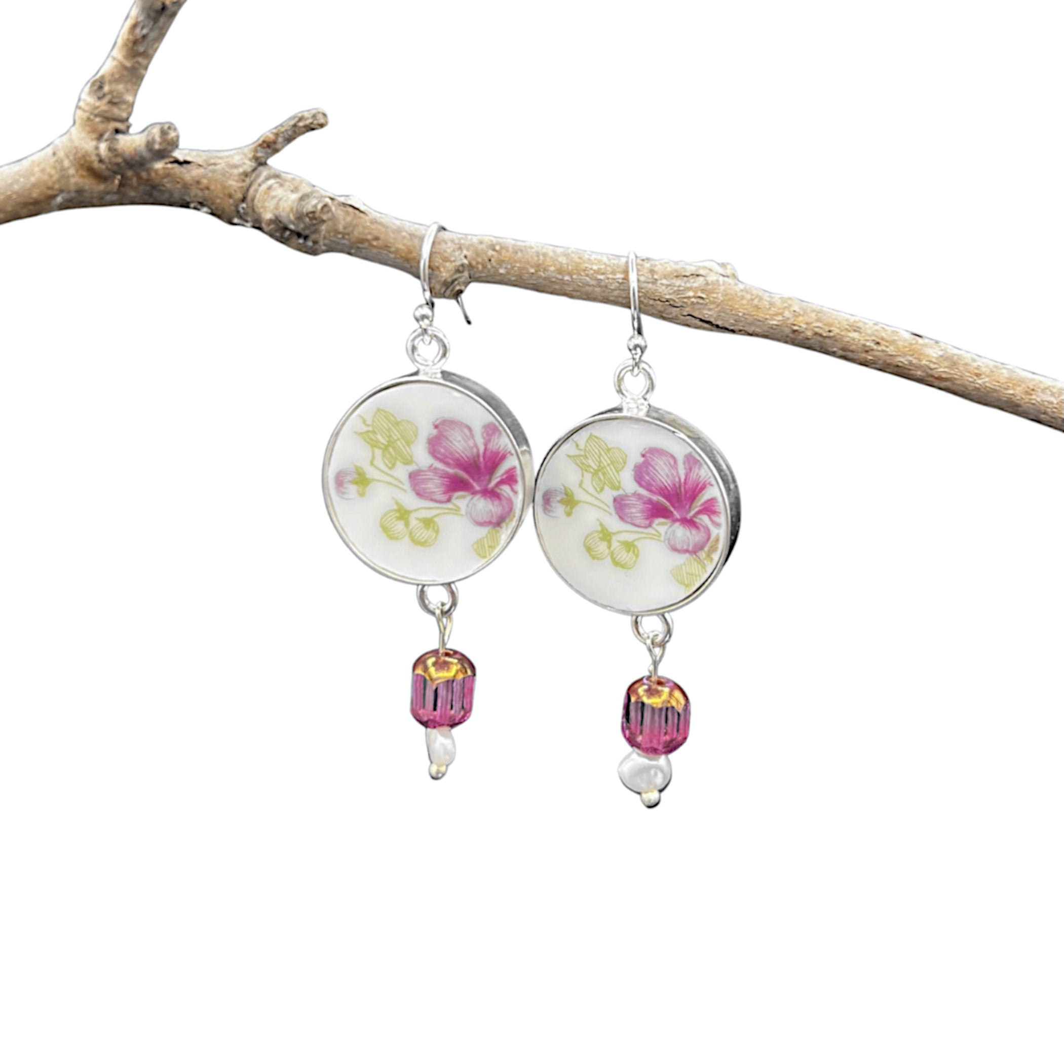 Vintage French Limoges Porcelain Earrings with Dainty Purple Flowers, Handmade Broken China Jewelry Gift for Her Birthday, Bijoux Ceramique