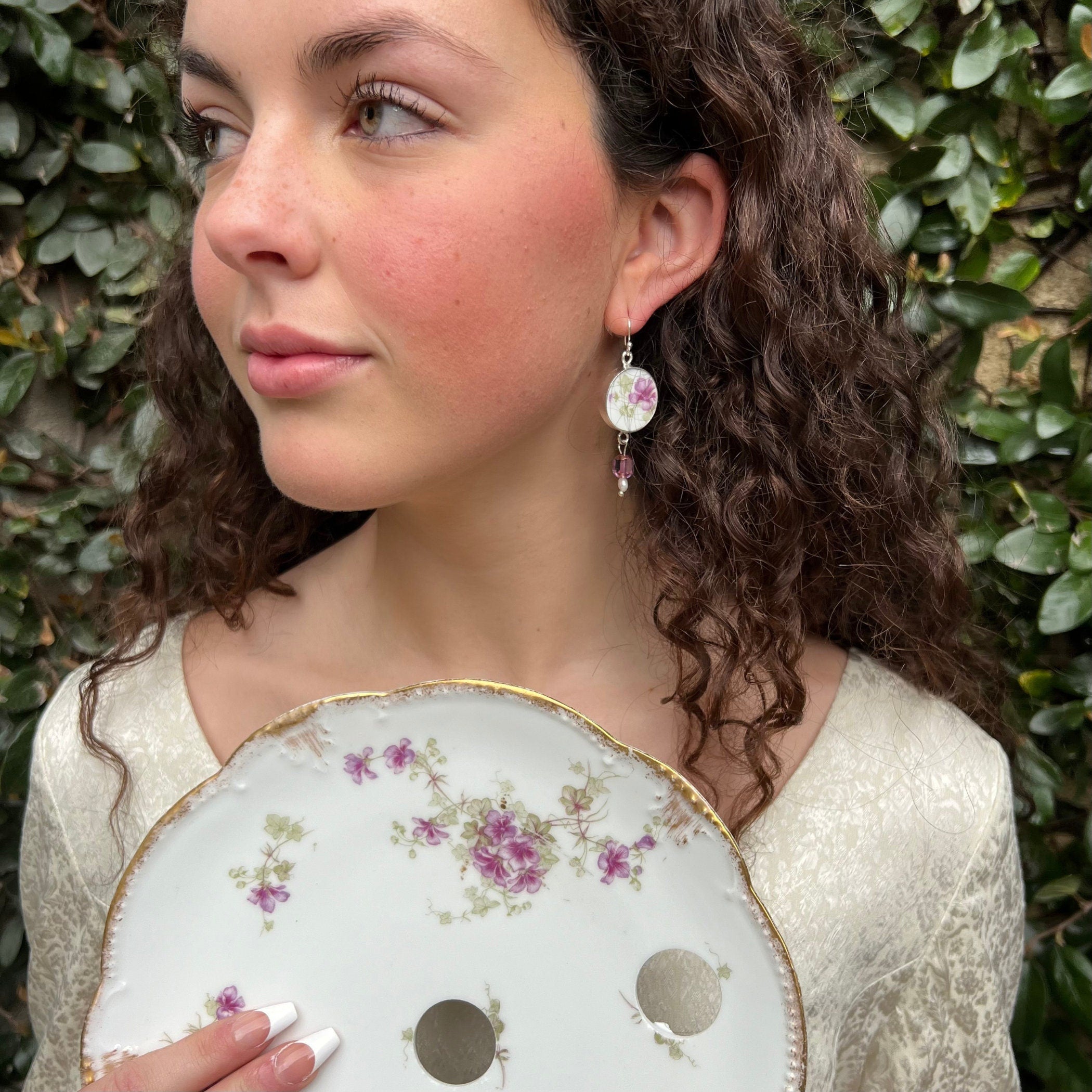 Vintage French Limoges Porcelain Earrings with Dainty Purple Flowers, Handmade Broken China Jewelry Gift for Her Birthday, Bijoux Ceramique