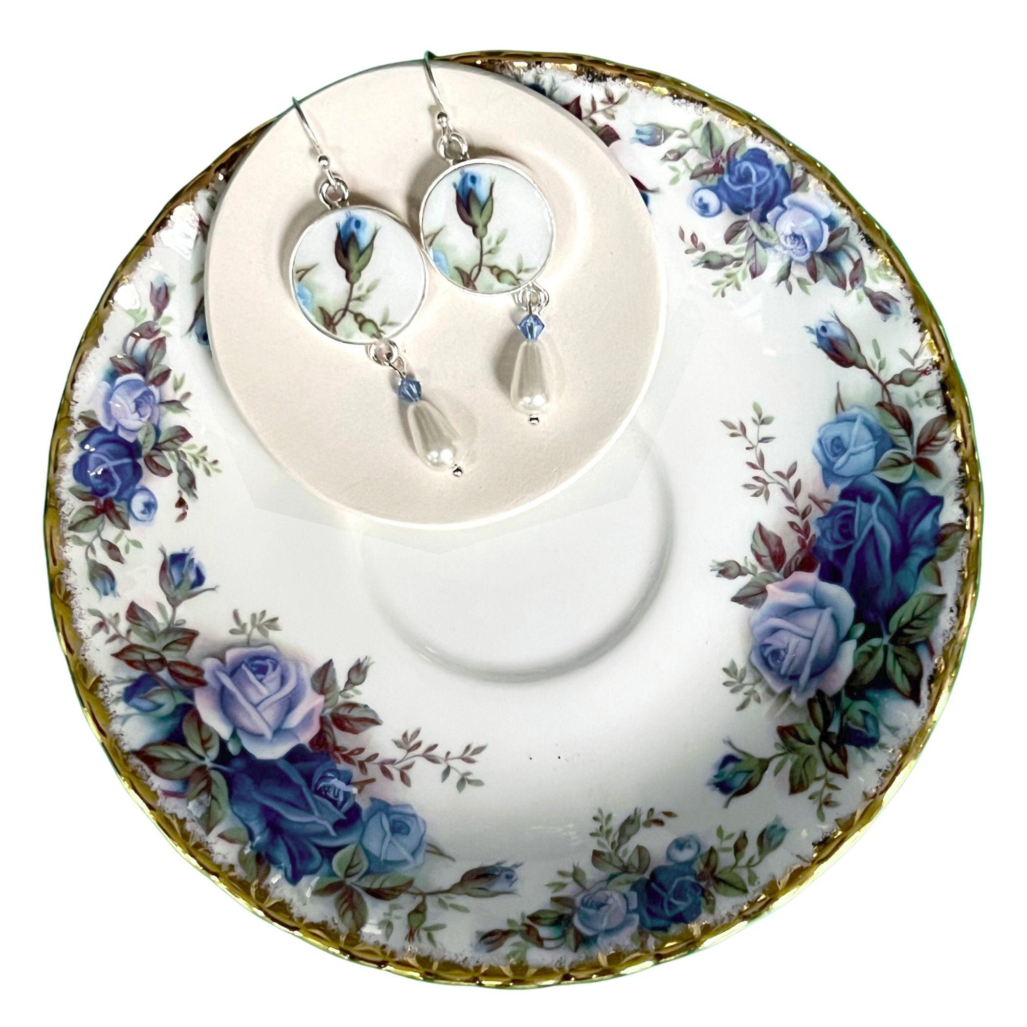 Royal Albert Moonlight Rose China Earrings with Blue Rosebuds & Pearl Teardrops