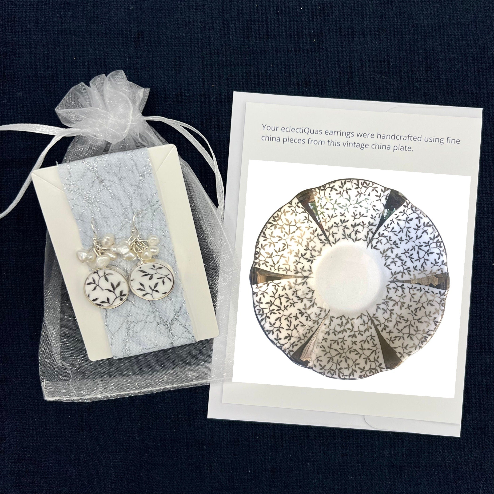 Victorian Inspired Bridal Broken China Jewelry Set handmade with Upcycled Vintage Queen Anne Silver Lace Wedding Anniversary China & Pearls