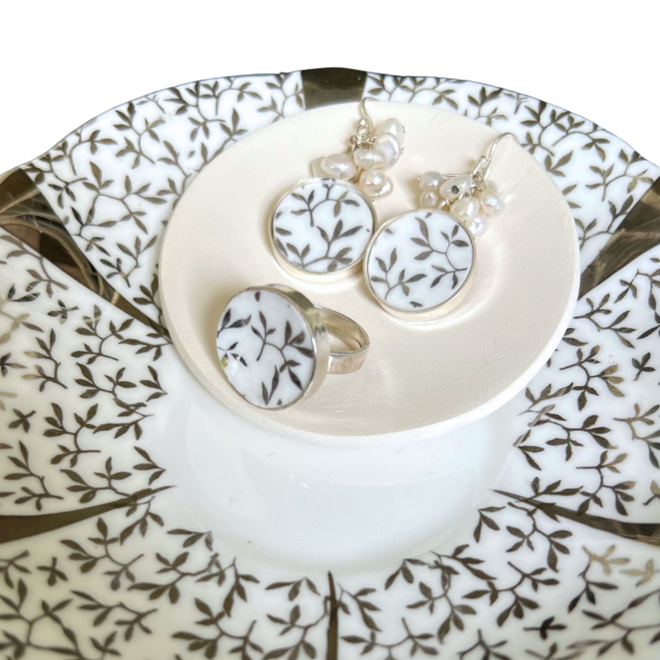 Victorian Inspired Bridal Broken China Jewelry Set handmade with Upcycled Vintage Queen Anne Silver Lace Wedding Anniversary China & Pearls