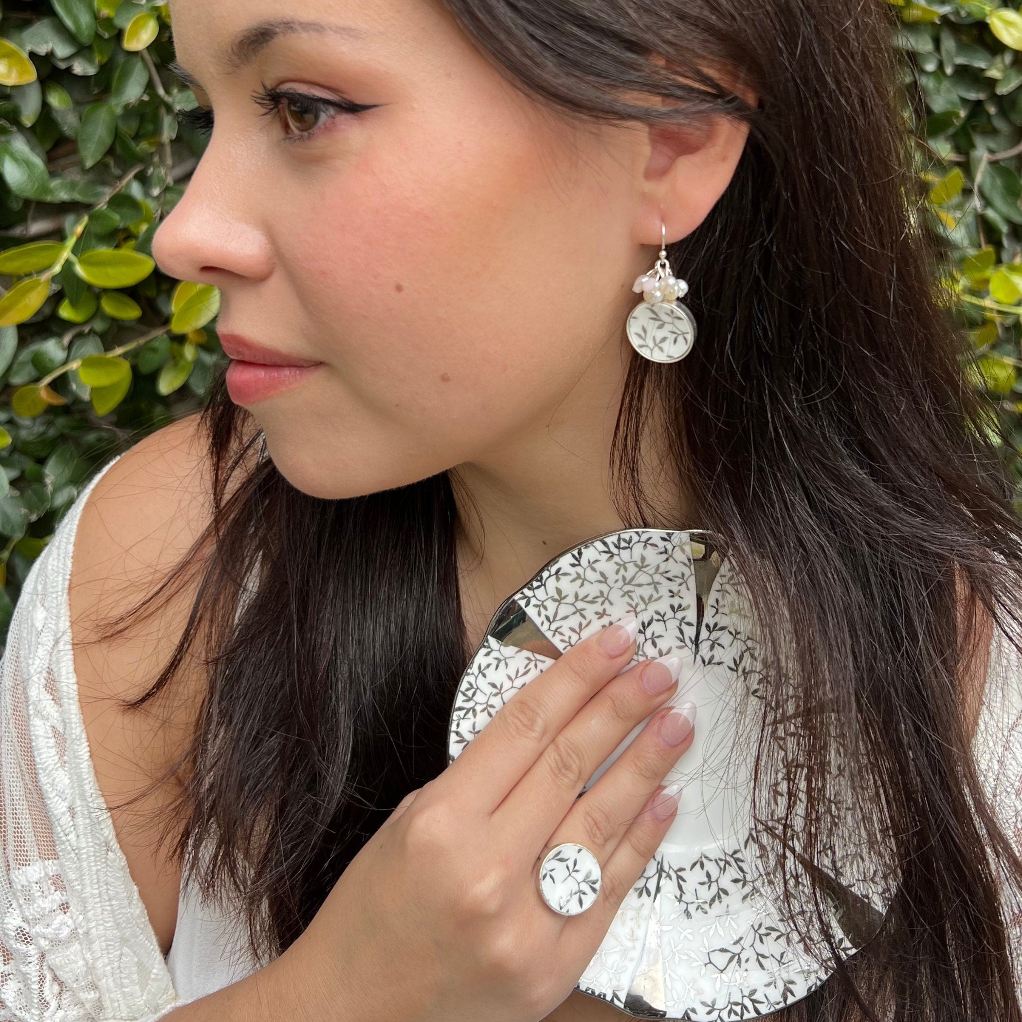 Victorian Inspired Bridal Broken China Jewelry Set handmade with Upcycled Vintage Queen Anne Silver Lace Wedding Anniversary China & Pearls