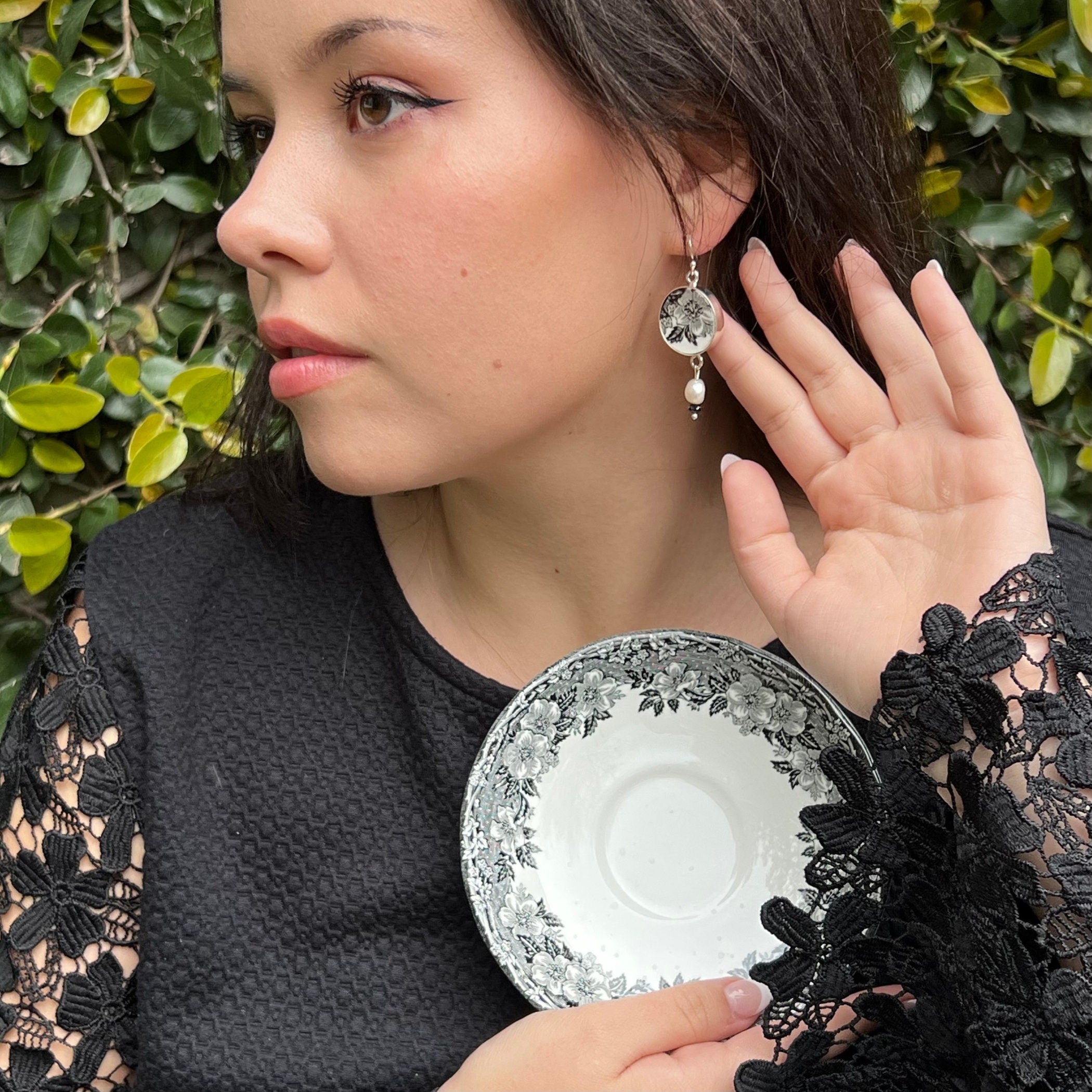 Black and White China Earrings handmade from Upcycled Wedgwood Black Transferware, Rose Broken China Jewelry Gift for Vintage China Lovers