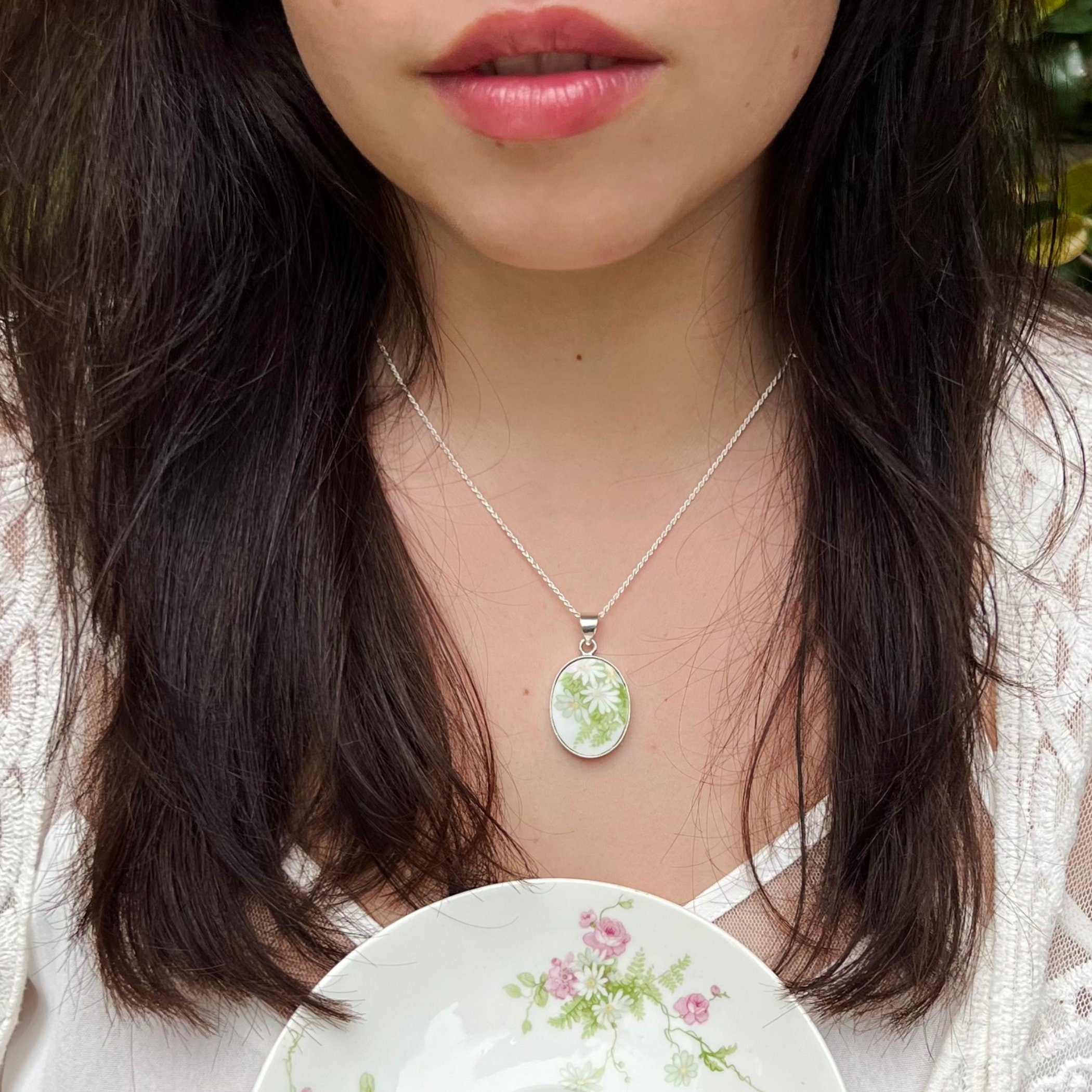 French Porcelaine de Limoges Broken China Jewelry, Vintage White Daisy One of a Kind China Necklace & Earrings Gift for Her on Mothers Day