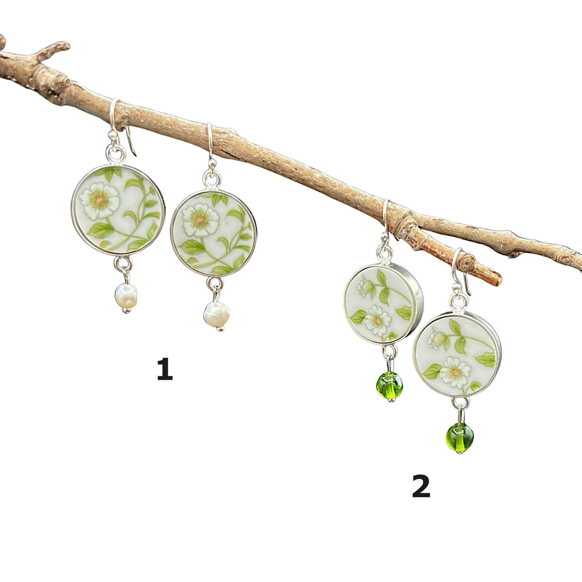 Green Floral Vintage China Jewelry, Ceramic Statement Earrings handmade with Upcycled Porcelain & Sterling Silver, Autumn Birthday Gift