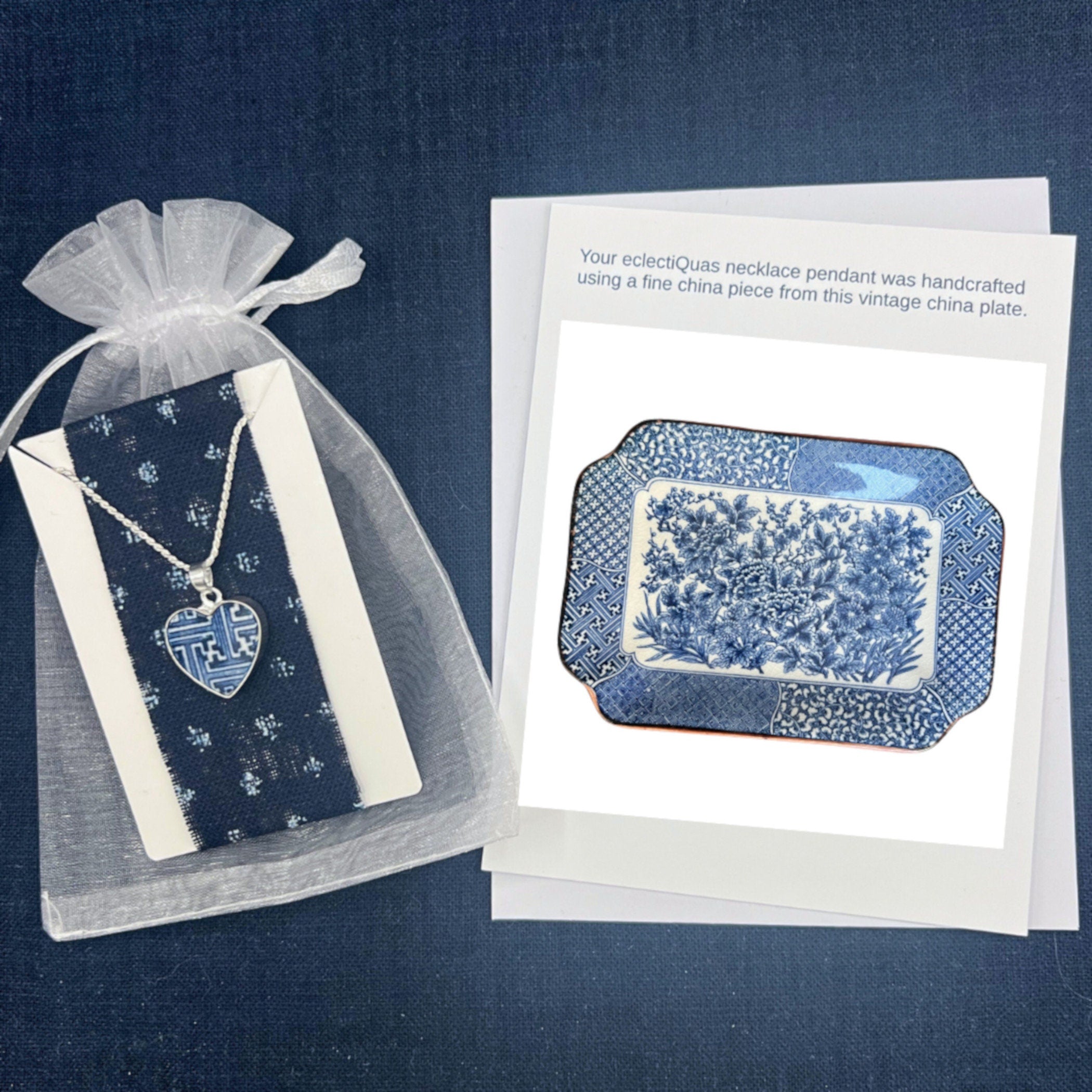 Dainty Heart China Necklace handmade with Upcycled Blue and White Porcelain & Sterling Silver, Chinoiserie Broken China Jewelry Gift for Her