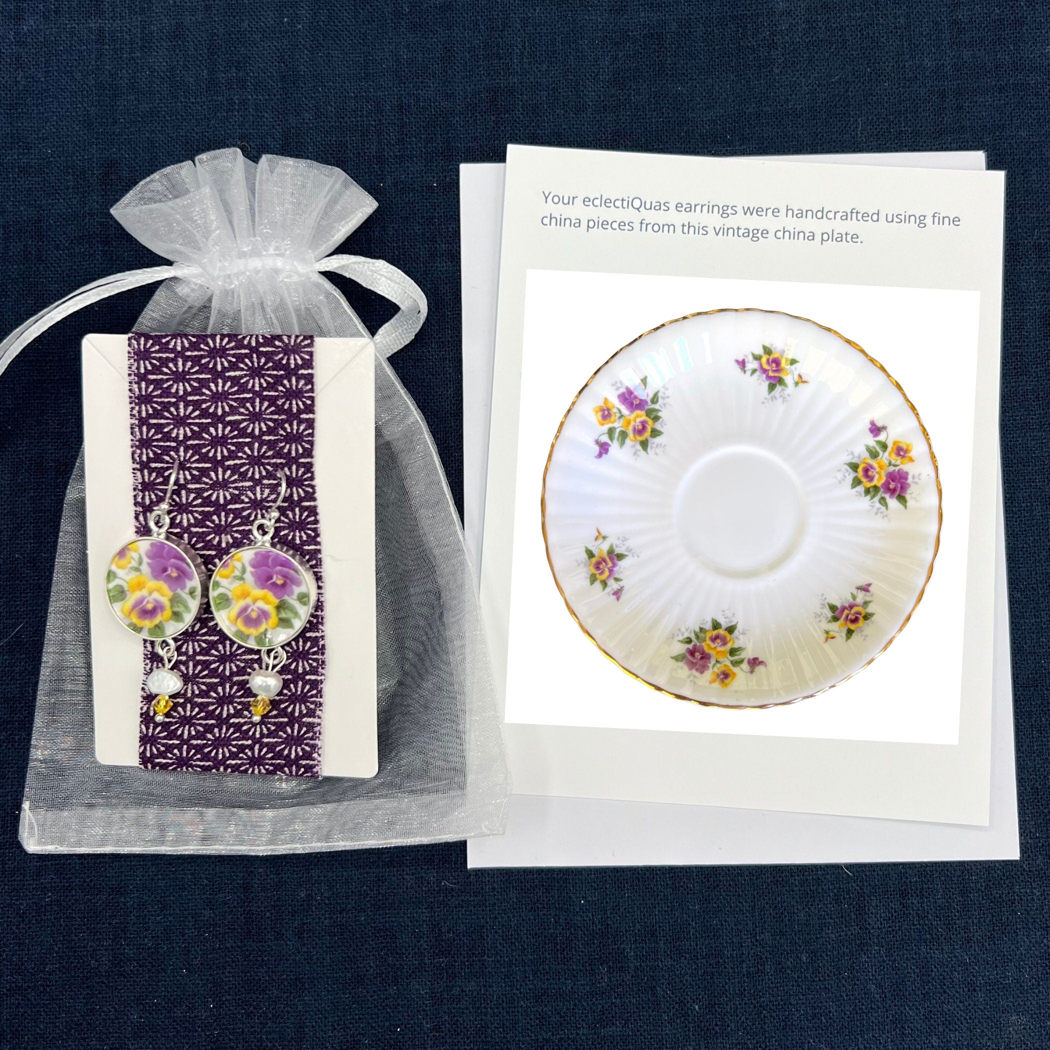 Vintage Purple and Yellow Pansy Flower China Earrings handmade with Upcycled Porcelain, Spring Floral Broken China Jewelry Gift for Women