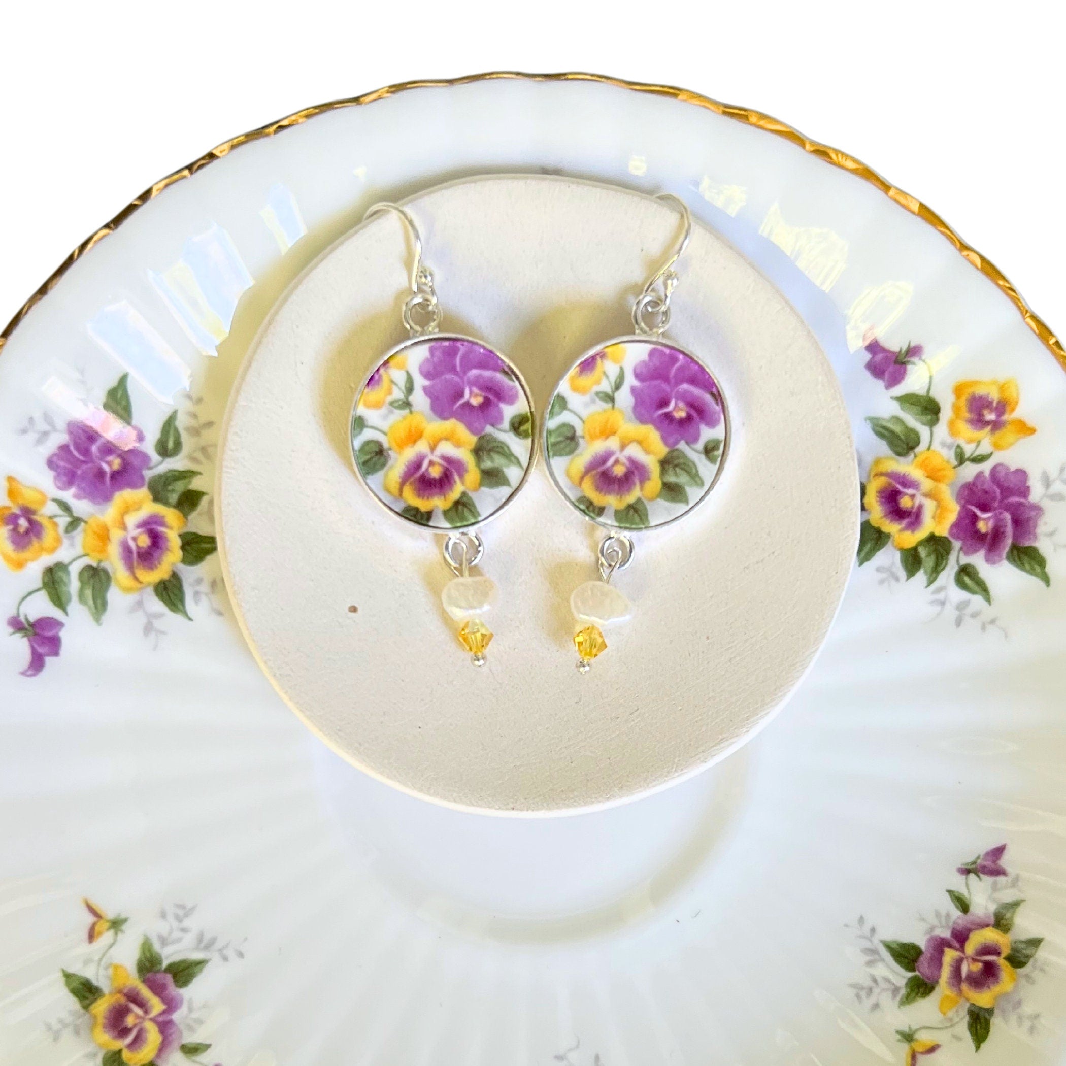 Purple and Yellow Pansy Flower Statement China Ring handmade with Upcycled Bone China, Vintage Inspired Broken China Jewelry Gift for Her