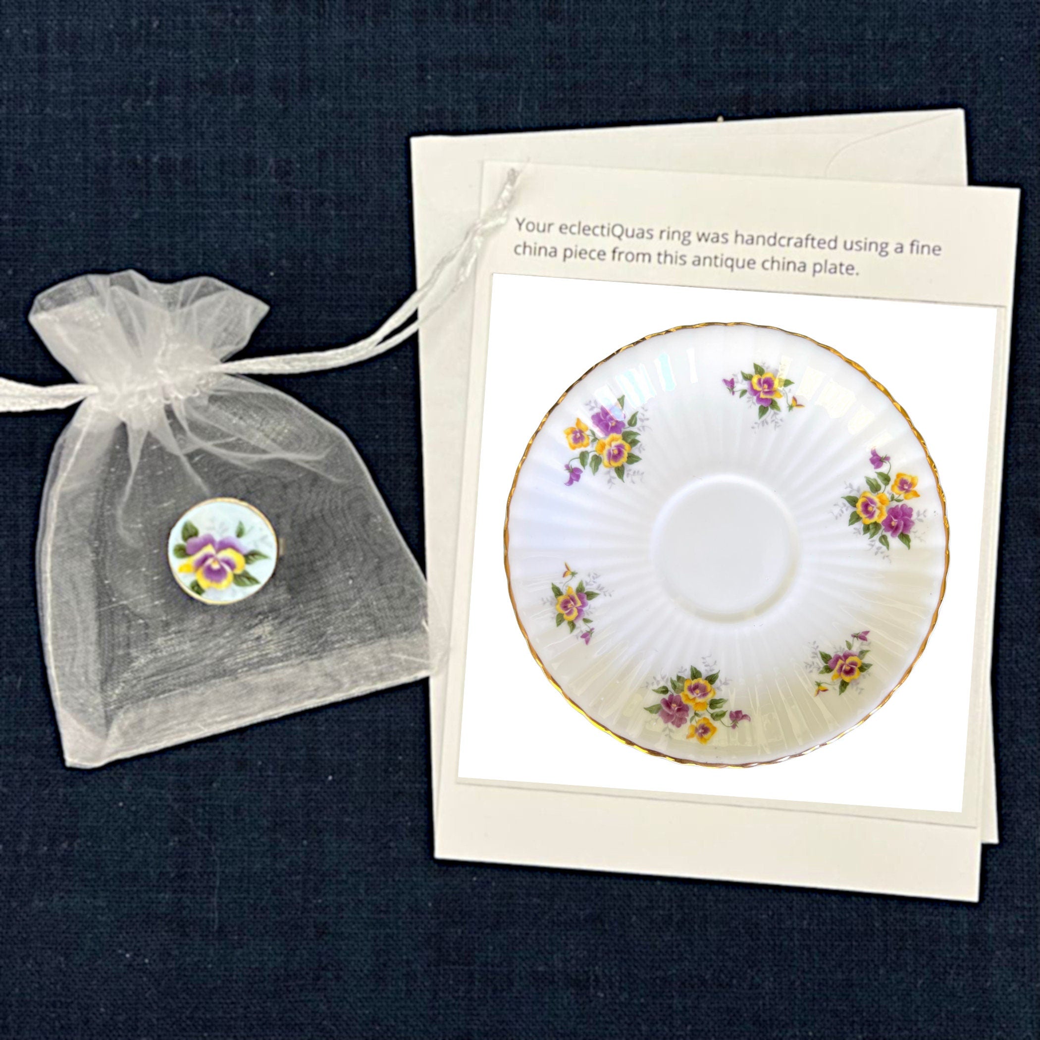 Purple and Yellow Pansy Flower Statement China Ring handmade with Upcycled Bone China, Vintage Inspired Broken China Jewelry Gift for Her