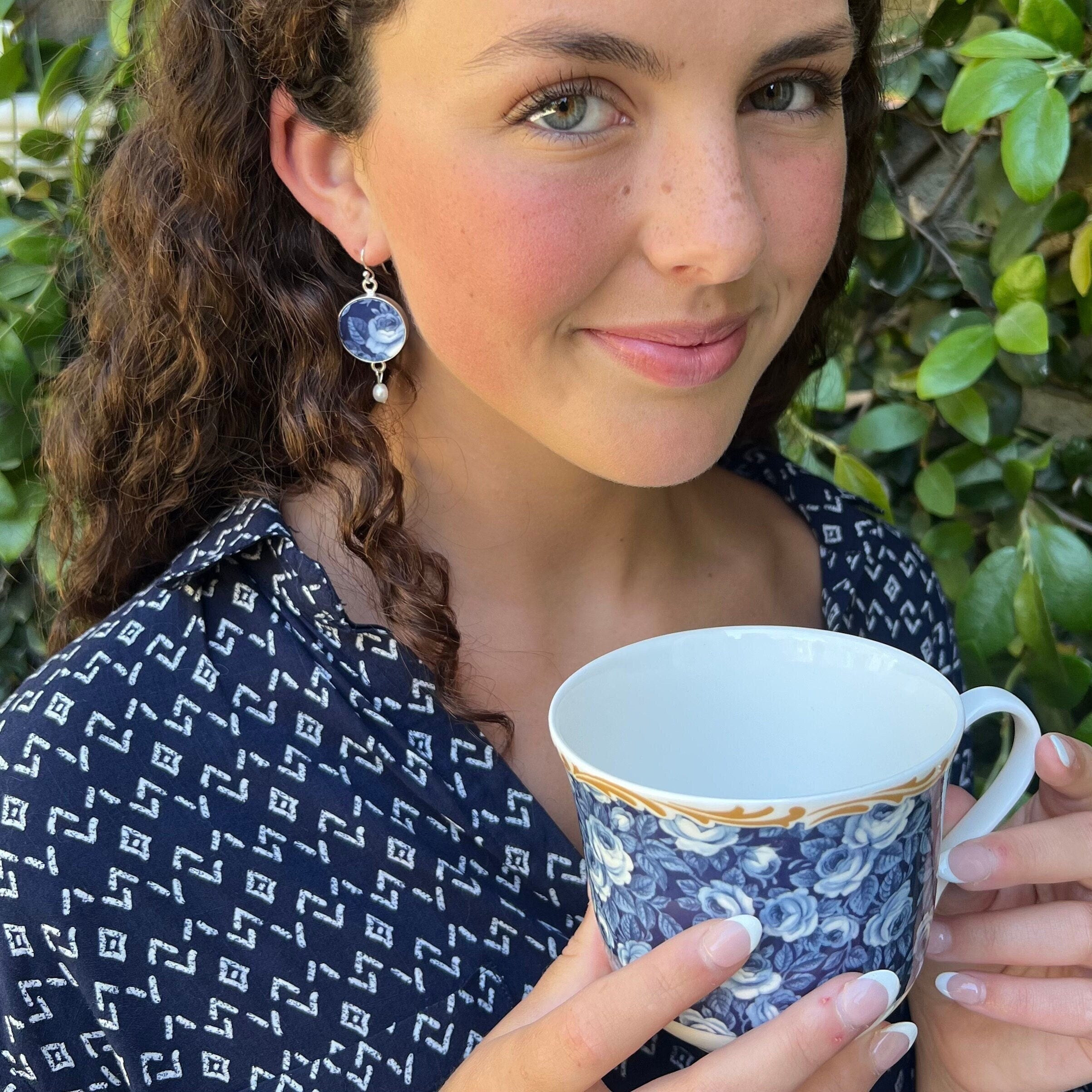 Vintage blue indigo rose china earrings with freshwater pearls - versatile broken china jewelry that pairs perfectly with navy blue and denim outfits