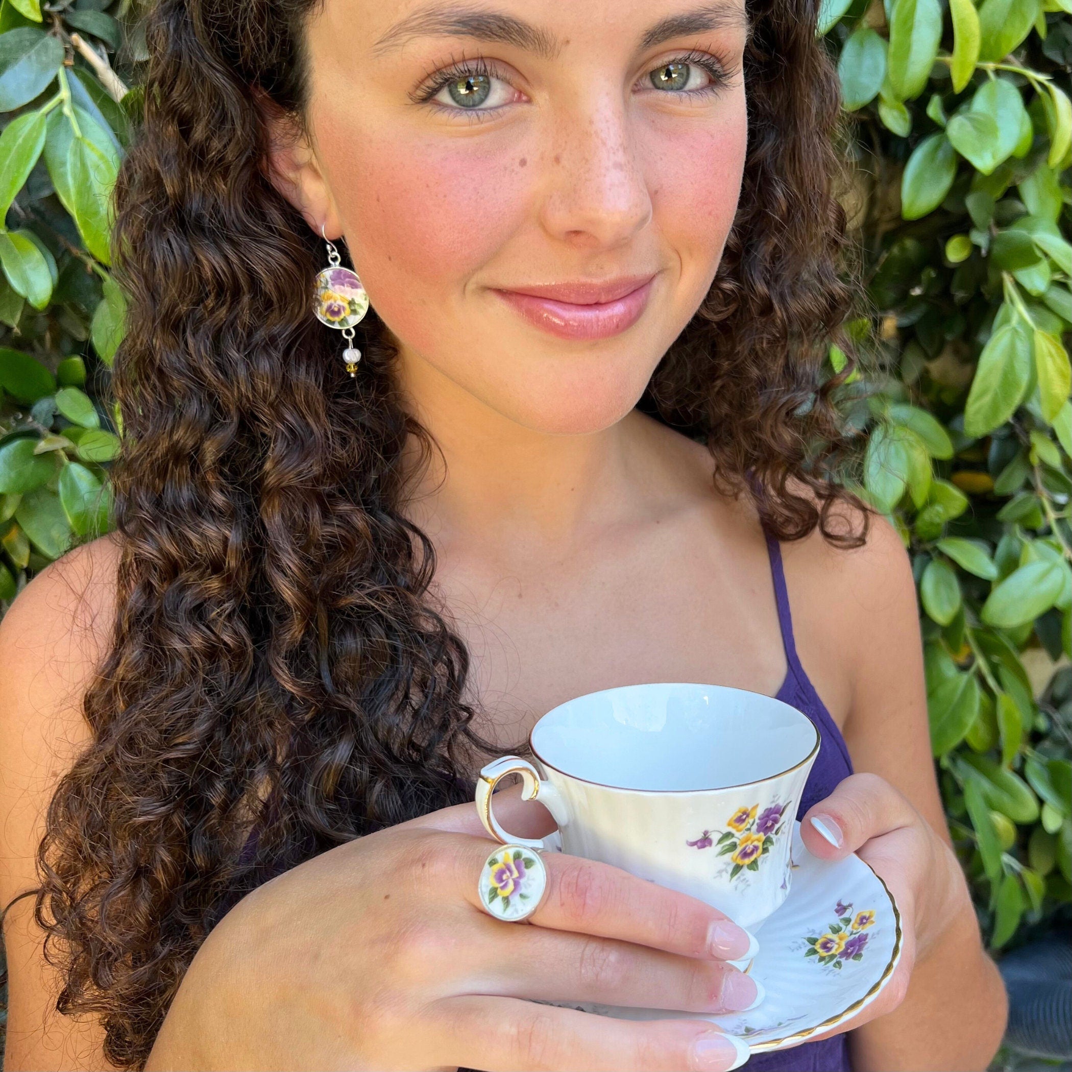 Vintage Purple and Yellow Pansy Flower China Earrings handmade with Upcycled Porcelain, Spring Floral Broken China Jewelry Gift for Women