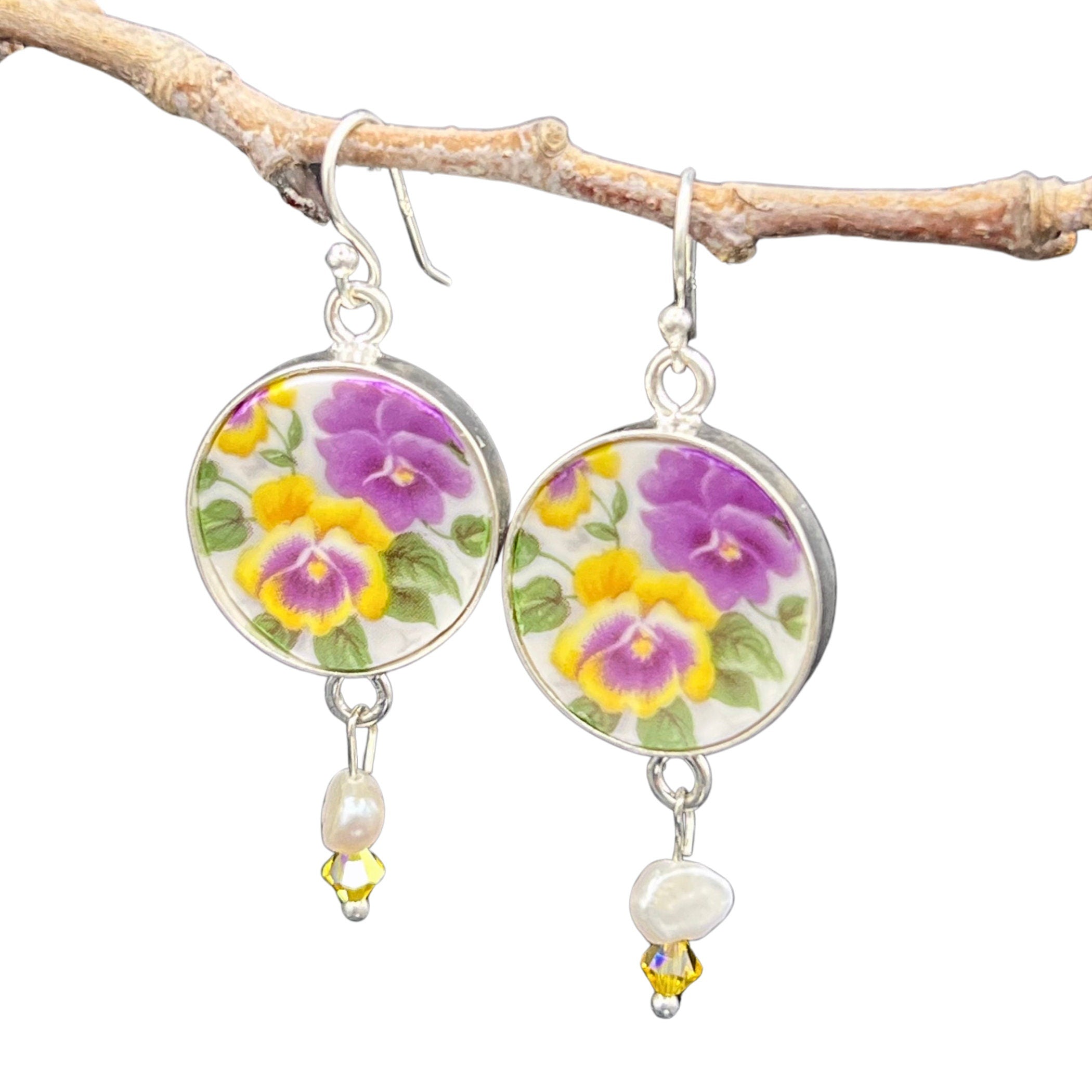 Vintage Purple and Yellow Pansy Flower China Earrings handmade with Upcycled Porcelain, Spring Floral Broken China Jewelry Gift for Women