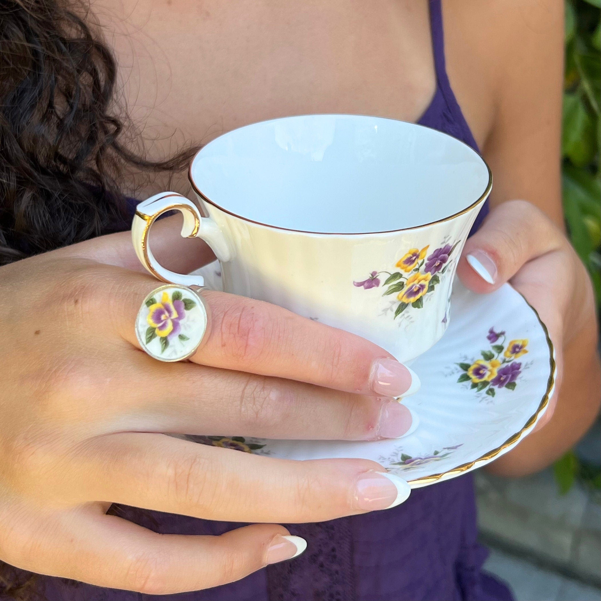 Purple and Yellow Pansy Flower Statement China Ring handmade with Upcycled Bone China, Vintage Inspired Broken China Jewelry Gift for Her