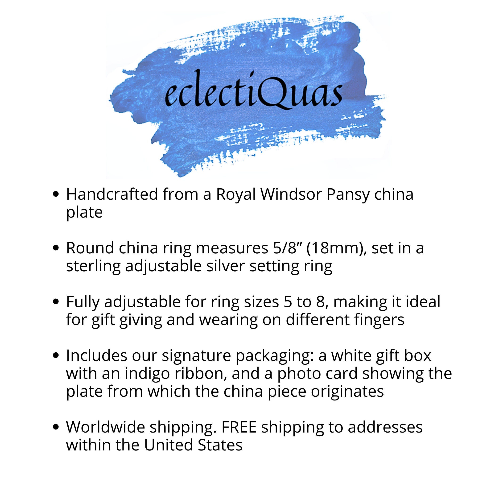 Purple and Yellow Pansy Flower Statement China Ring handmade with Upcycled Bone China, Vintage Inspired Broken China Jewelry Gift for Her