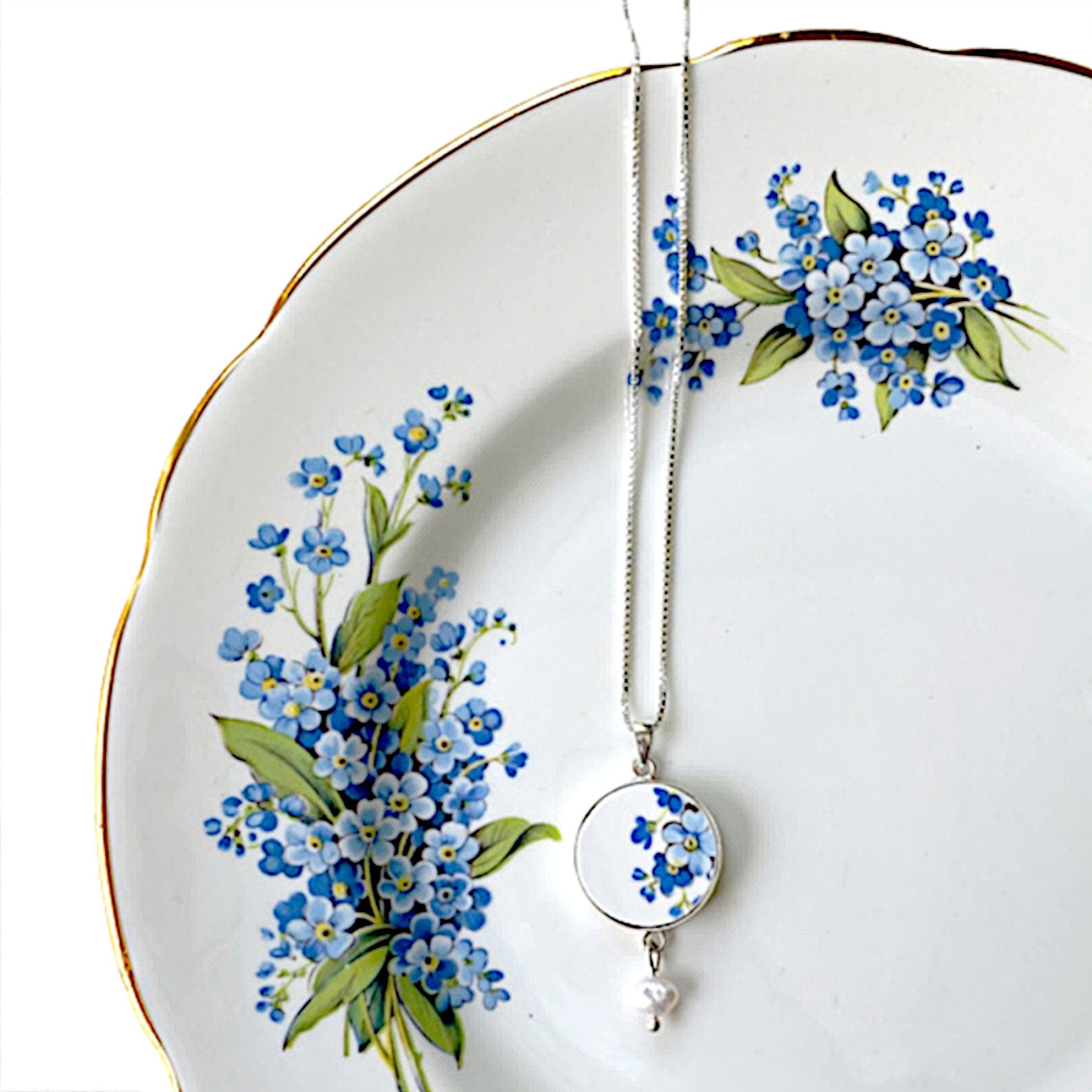 Vintage Forget Me Not Broken China Jewelry Set handmade with Repurposed China, Dainty Blue Flower China Necklace & China Ring Gift for Women
