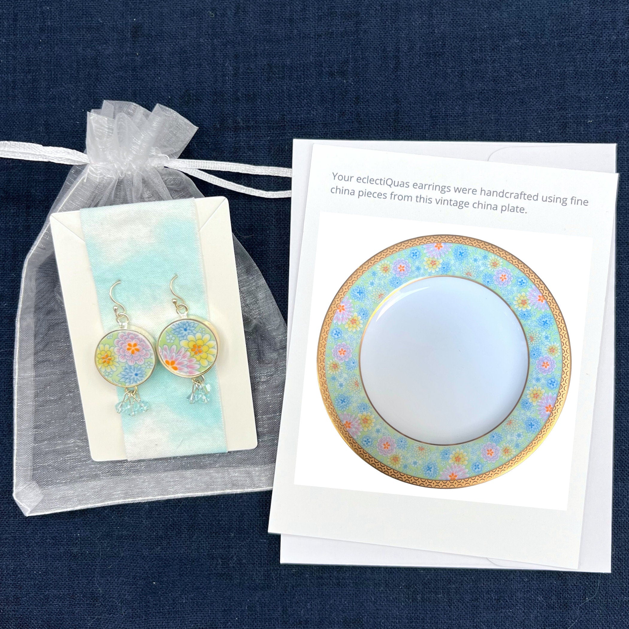 Summer Pastel Floral China Earrings handmade with Upcycled Porcelain & Blue Swarovski Crystals, Broken China Jewelry with Mismatched Flowers