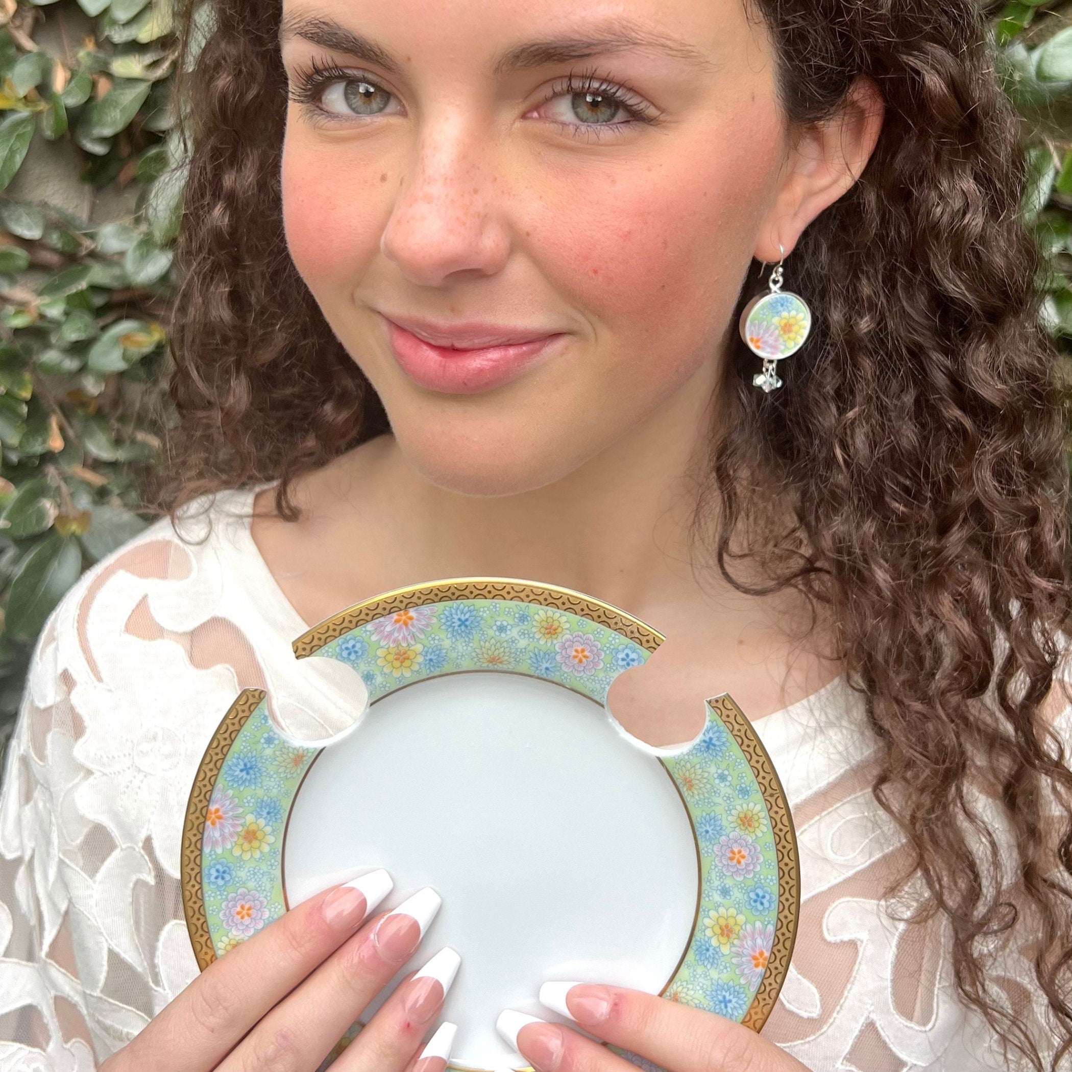 Summer Pastel Floral China Earrings handmade with Upcycled Porcelain & Blue Swarovski Crystals, Broken China Jewelry with Mismatched Flowers