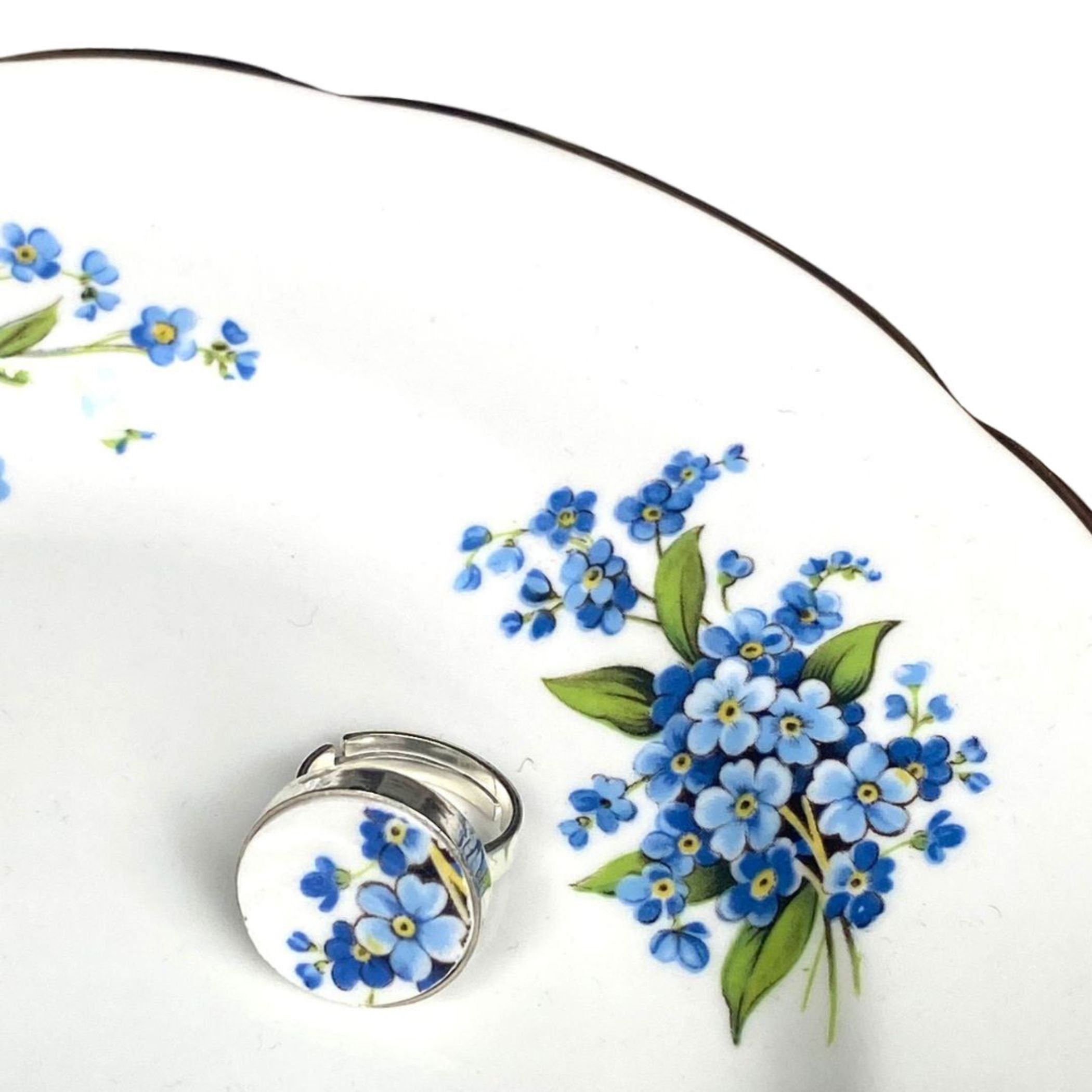Vintage Forget Me Not Broken China Jewelry Set handmade with Repurposed China, Dainty Blue Flower China Necklace & China Ring Gift for Women