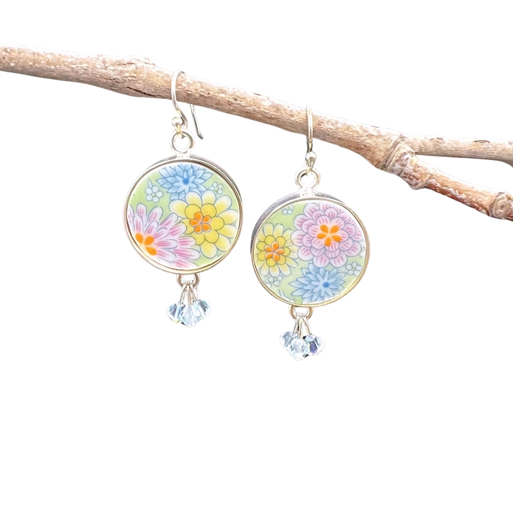 Summer Pastel Floral China Earrings handmade with Upcycled Porcelain & Blue Swarovski Crystals, Broken China Jewelry with Mismatched Flowers