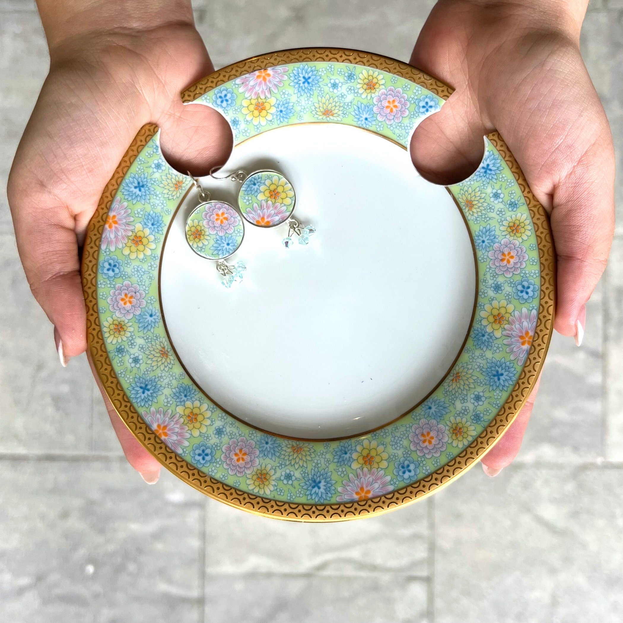 Summer Pastel Floral China Earrings handmade with Upcycled Porcelain & Blue Swarovski Crystals, Broken China Jewelry with Mismatched Flowers