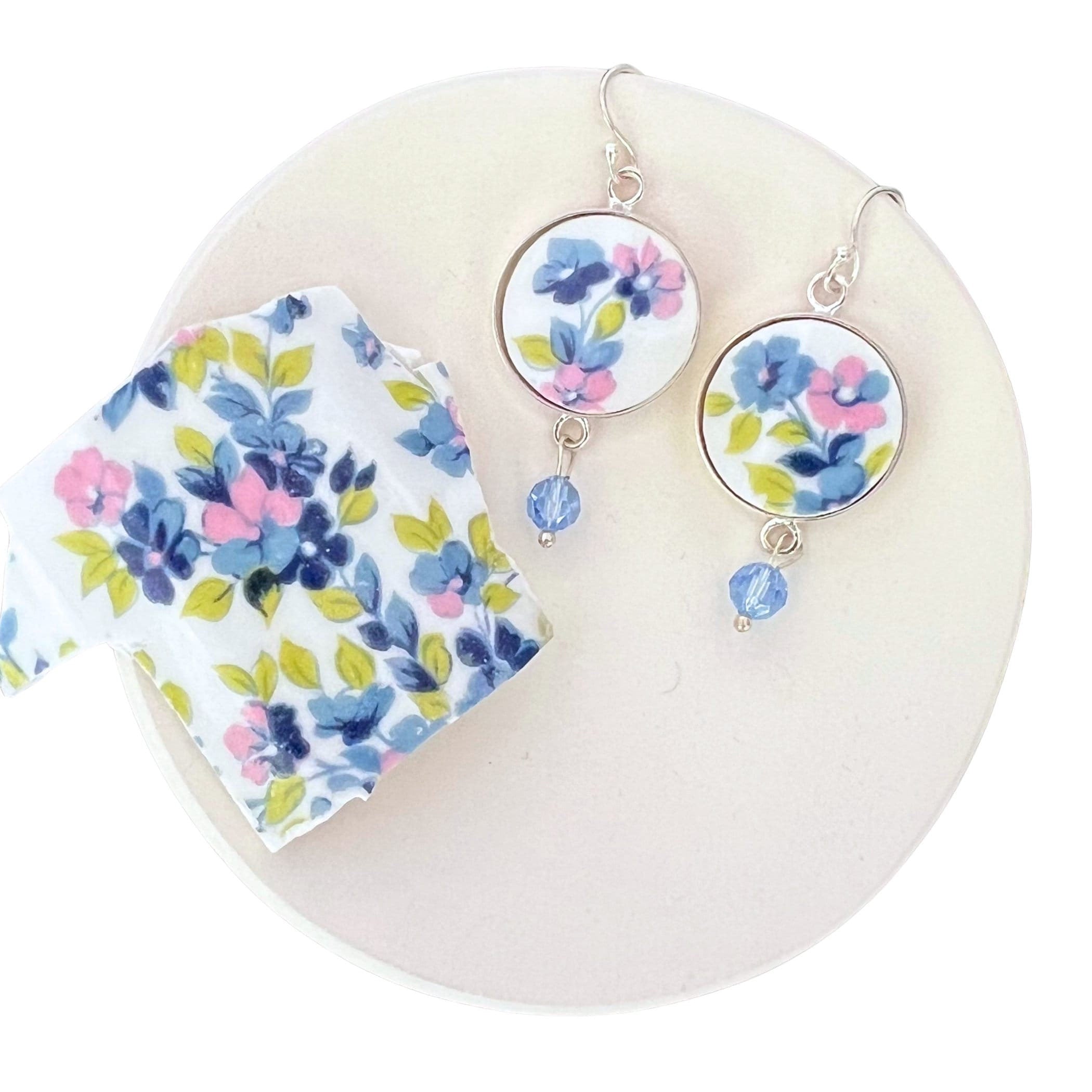 Charming Mismatched Blue and Pink Floral China Earrings handmade with Repurposed China, Dainty Blue Flower Broken China Jewelry Gift for Her