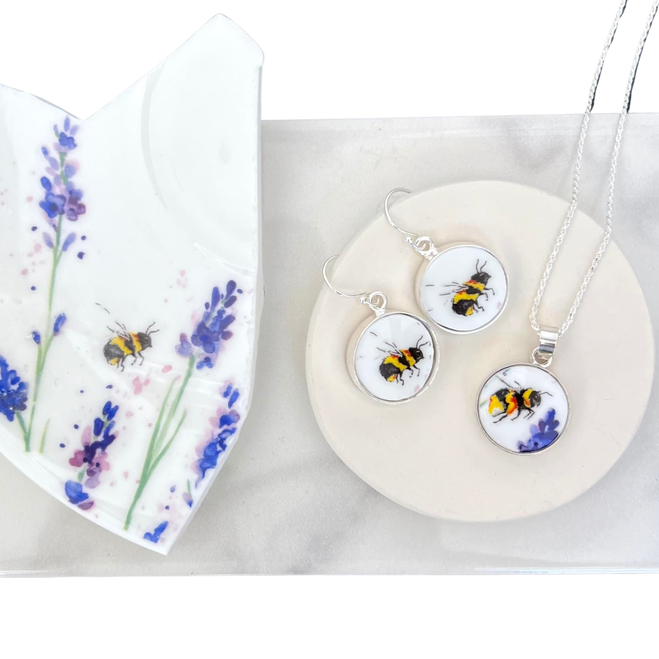Dainty Honey Bee Broken China Jewelry Set handmade with Sterling Silver, Bumble Bee Necklace & China Earrings, Spring Summer Birthday Gift