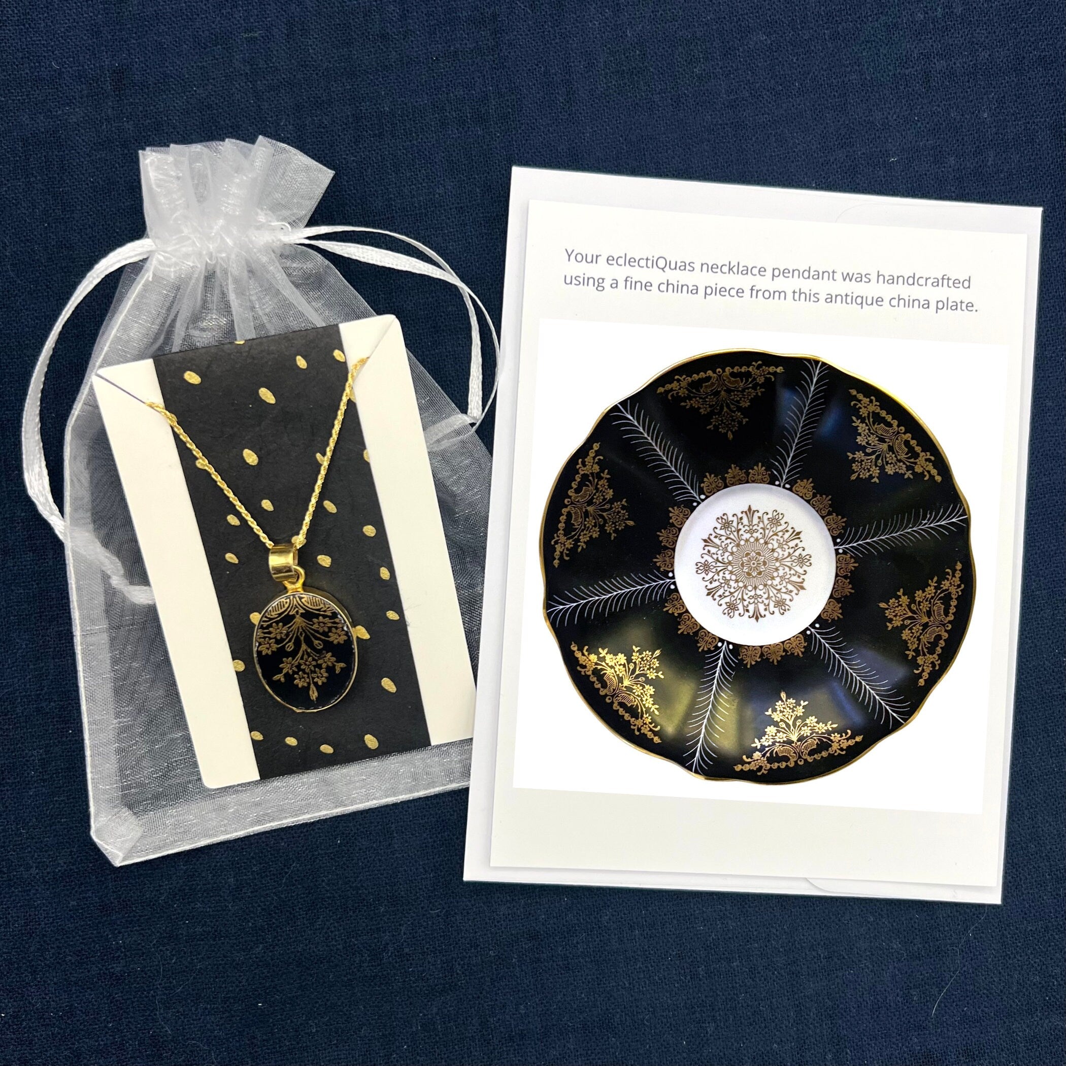 Black and Gold China Necklace handmade with Upcycled Porcelain, Art Deco Inspired Broken China Jewelry 18th 20th Anniversary Gift for Wife