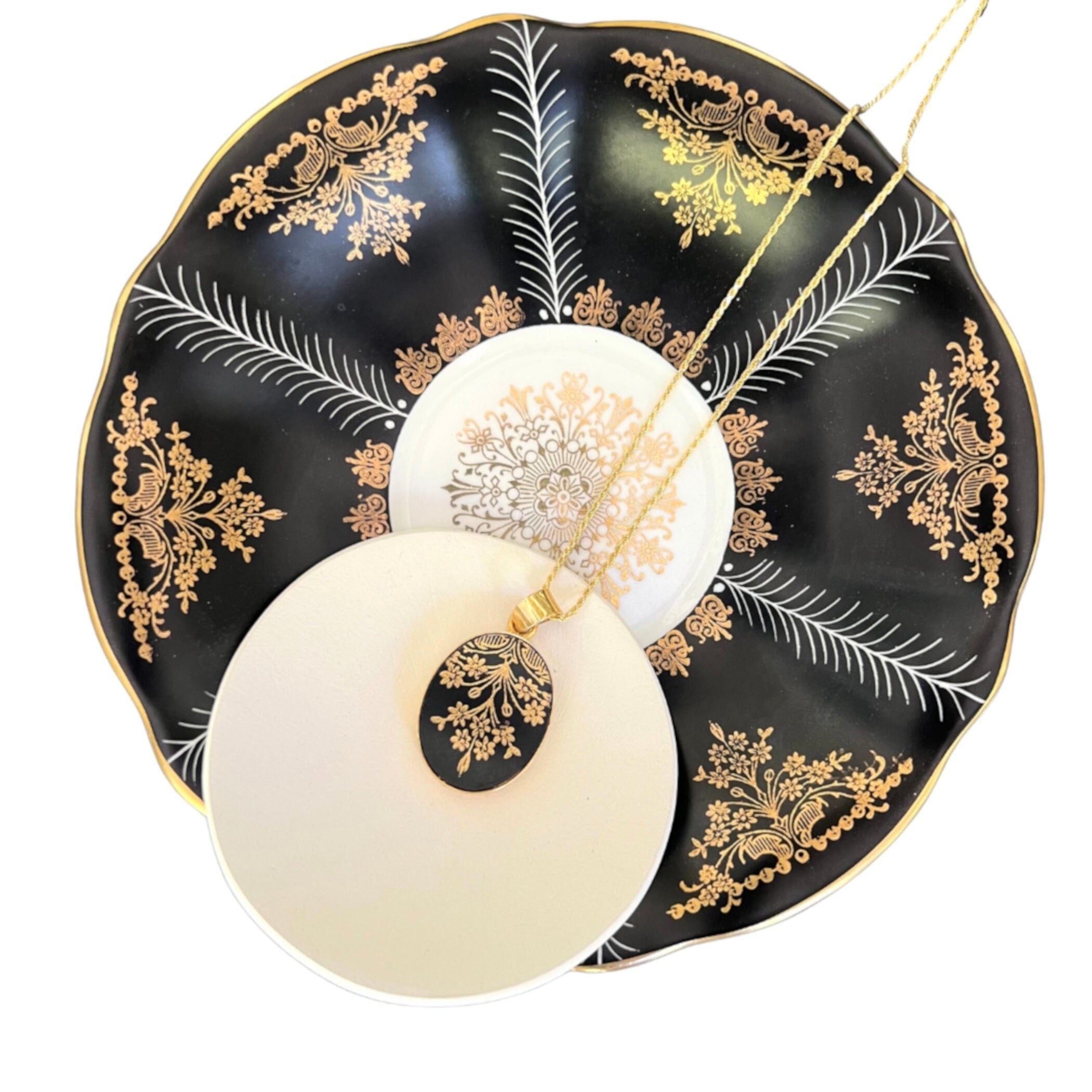 Black and Gold China Necklace handmade with Upcycled Porcelain, Art Deco Inspired Broken China Jewelry 18th 20th Anniversary Gift for Wife