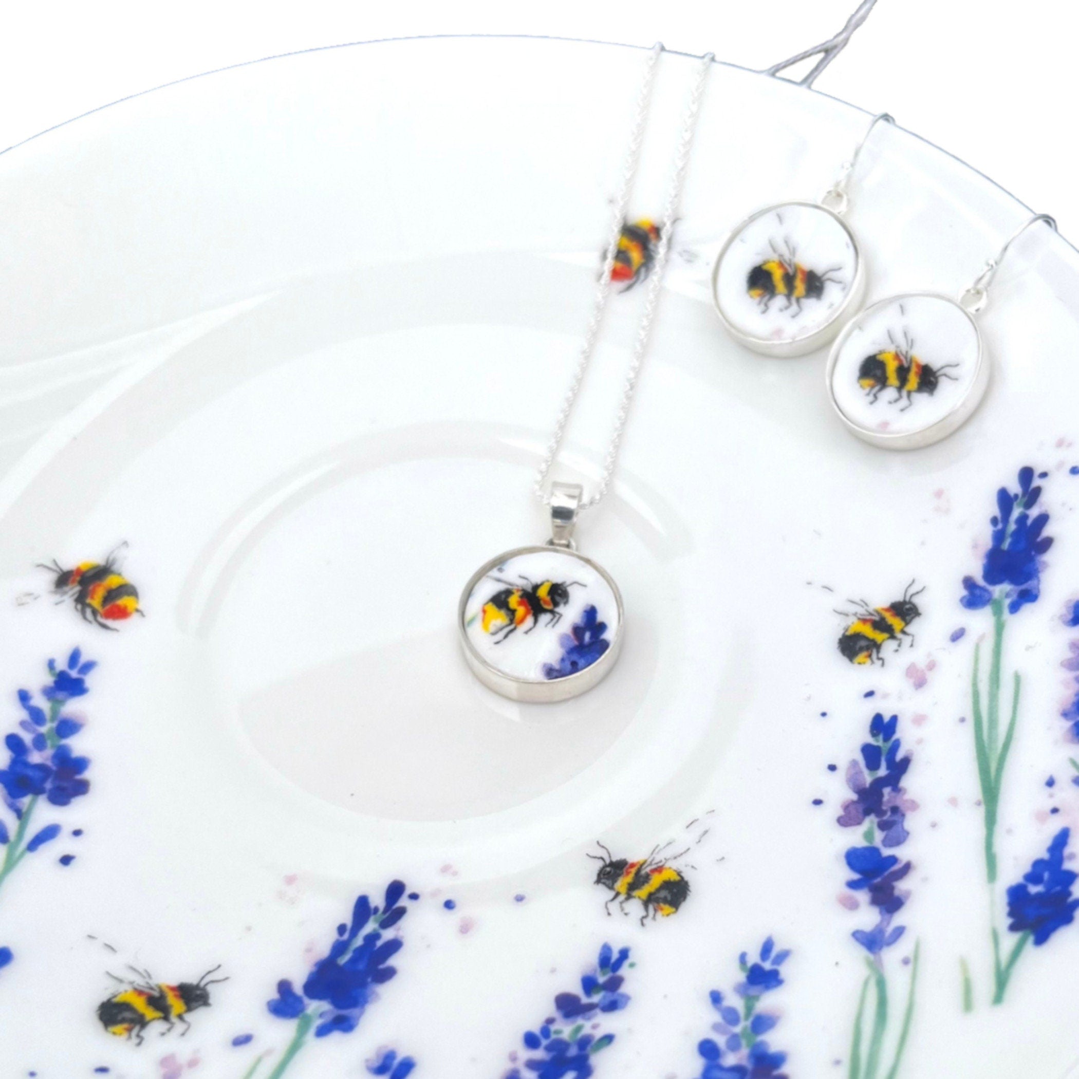 Bumble bee necklace and earrings set featuring repurposed china pieces & sterling silver - Perfect gift for beekeepers, gardeners, & nature lovers.