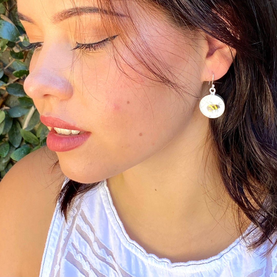 Dainty Honey Bee Broken China Jewelry Set handmade with Sterling Silver, Bumble Bee Necklace & China Earrings, Spring Summer Birthday Gift