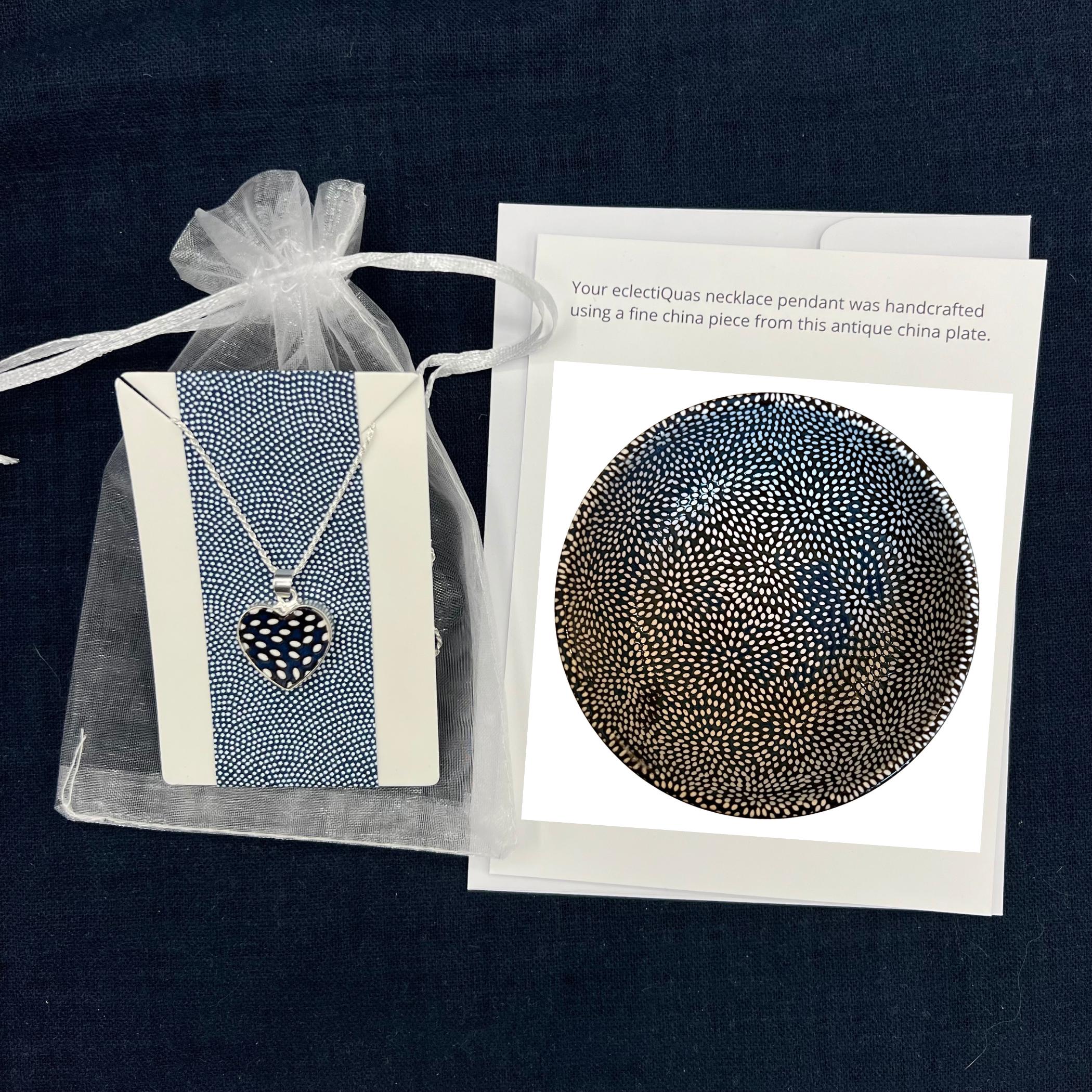 Tiny Black and White Dot Heart China Necklace handmade with Upcycled Porcelain & Sterling Silver, Vintage Broken China Jewelry Gift for Her