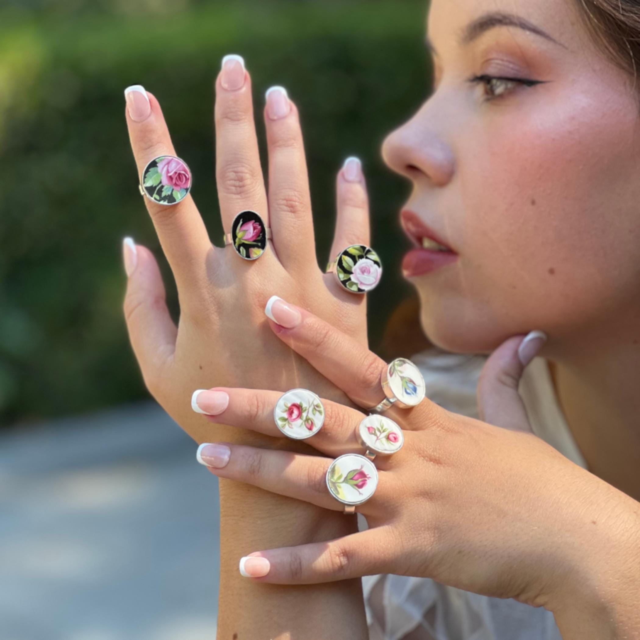 Vintage Royal Albert Rose Broken China Jewelry Rings handcrafted from Repurposed China & Sterling Silver for Her 18th 20th 30th Anniversary
