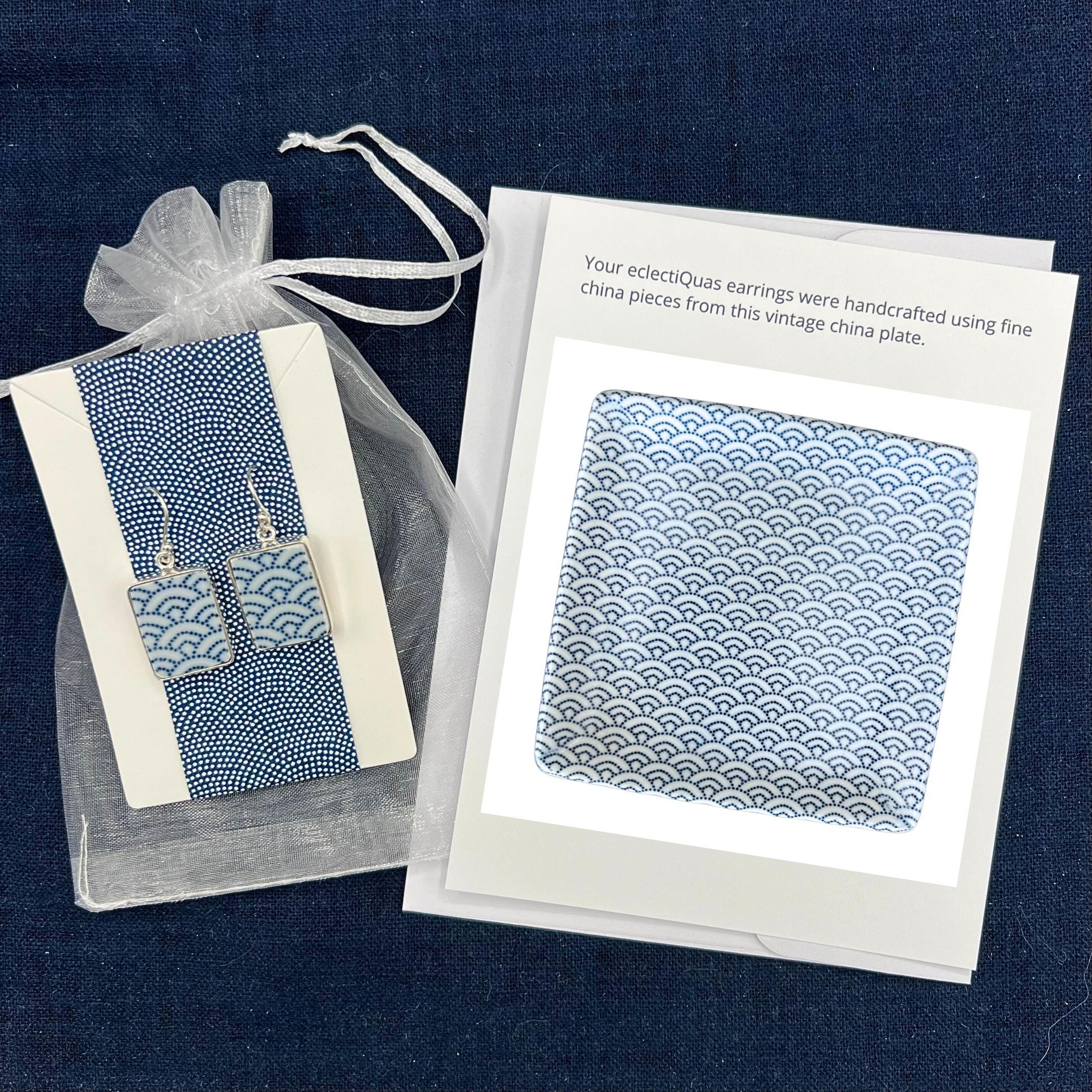 Blue White Seikaiha Wave Porcelain Earrings with Upcycled China & Sterling Silver, Asian Inspired Artisan Jewelry Gift for Her Birthday