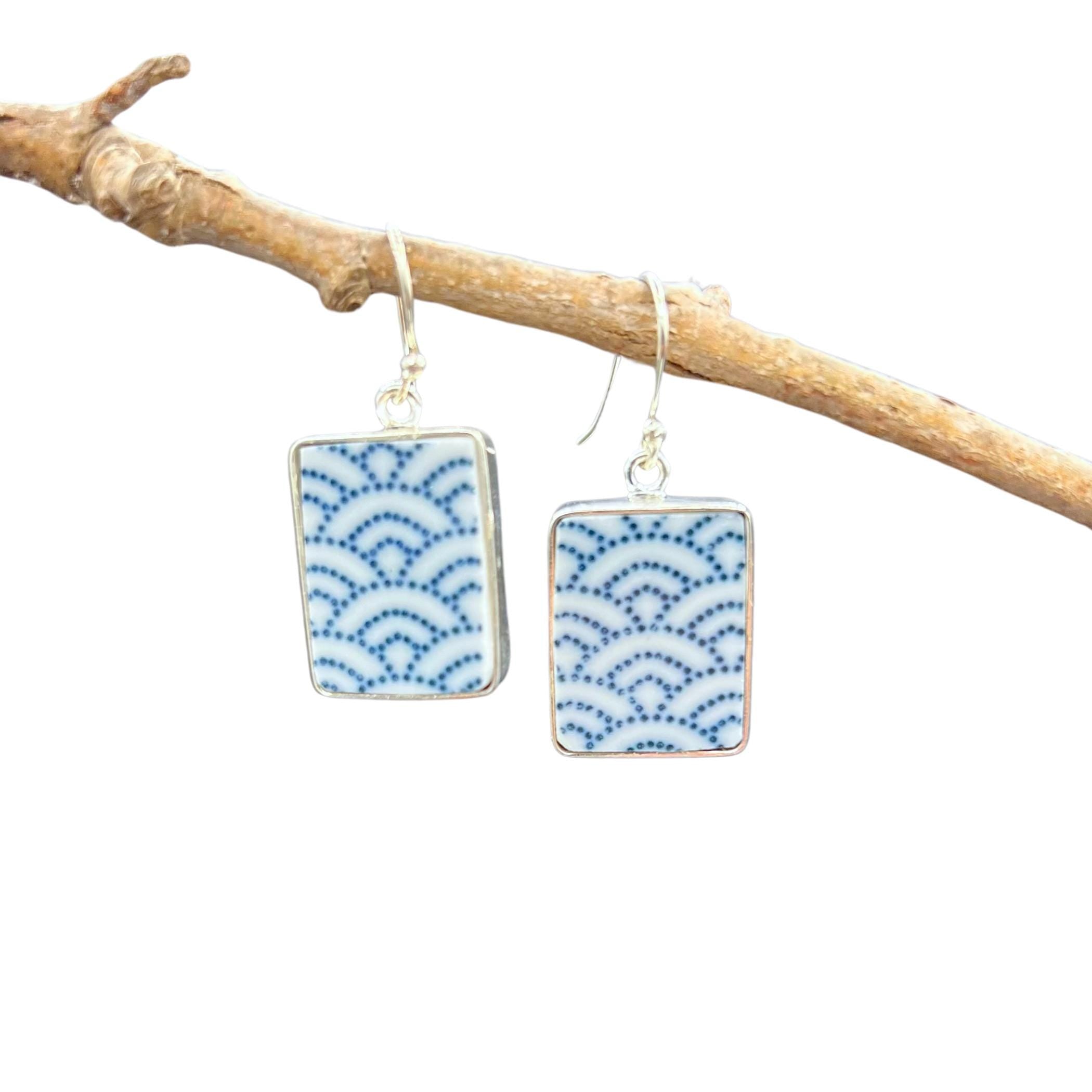 Blue White Seikaiha Wave Porcelain Earrings with Upcycled China & Sterling Silver, Asian Inspired Artisan Jewelry Gift for Her Birthday