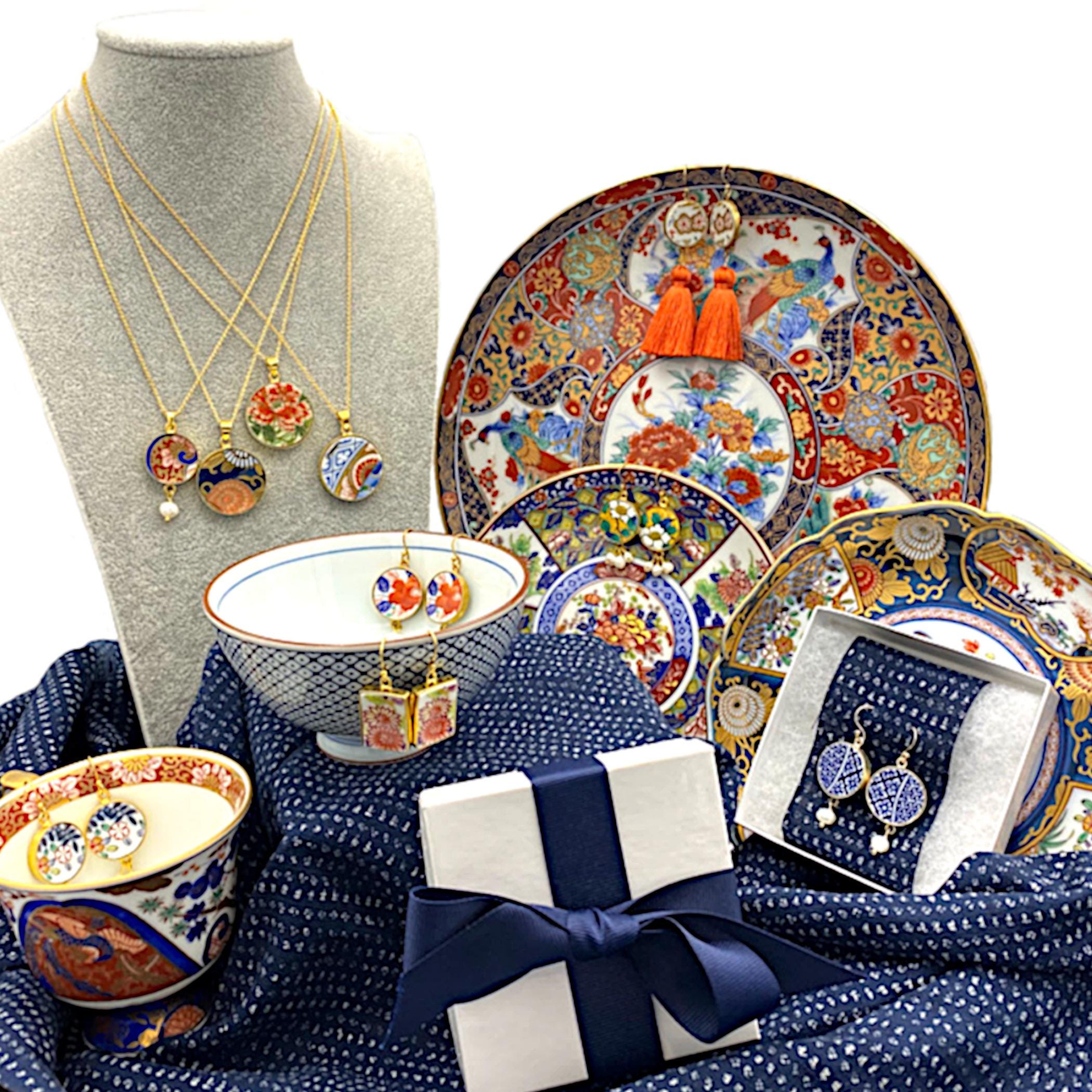 Long Artisan Imari Porcelain Necklace handcrafted from a Japanese Arita Yaki Yunomi, Gold Fall Floral China Jewelry Gift for Autumn Birthday