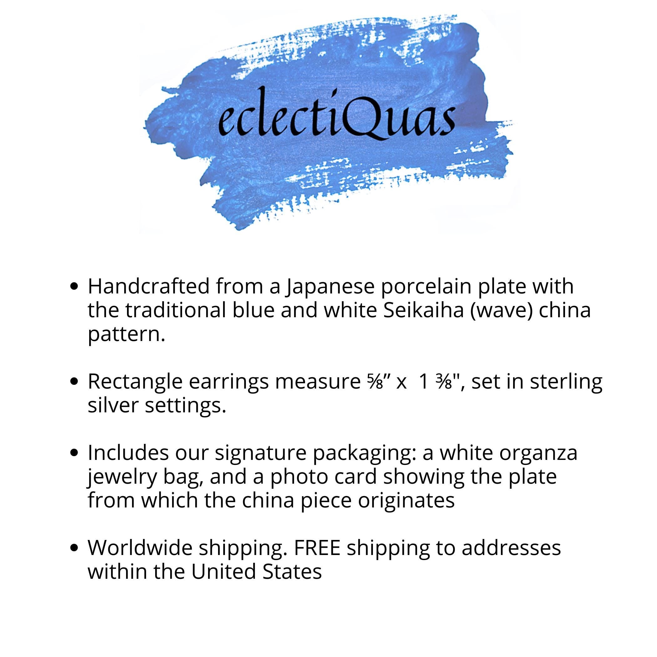 Blue White Seikaiha Wave Porcelain Earrings with Upcycled China & Sterling Silver, Asian Inspired Artisan Jewelry Gift for Her Birthday