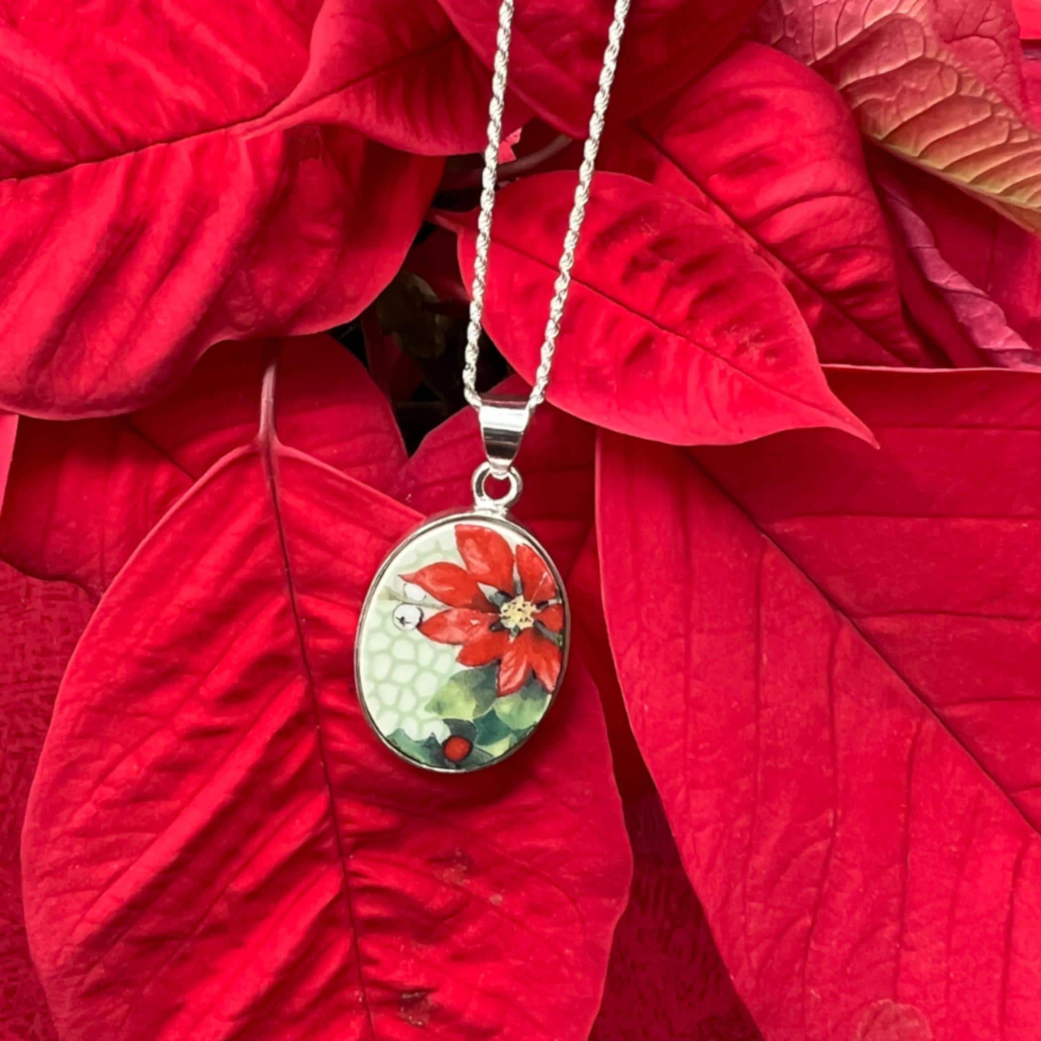 Handmade red poinsettia pendant vintage Royal Winton chintz china oval sterling silver setting Christmas jewelry