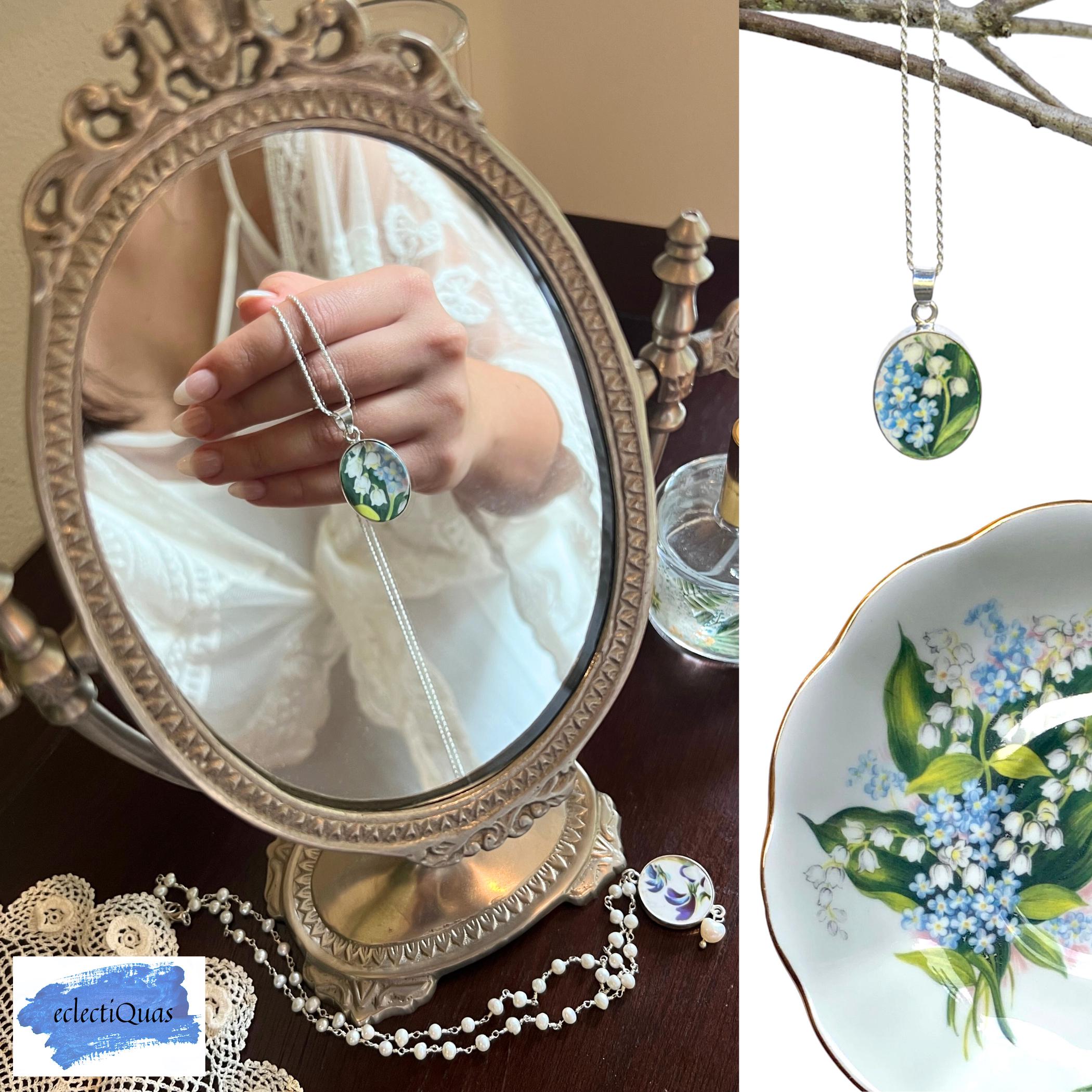 Royal Albert Forget Me Not & Lily of the Valley Necklace with Upcycled Porcelain