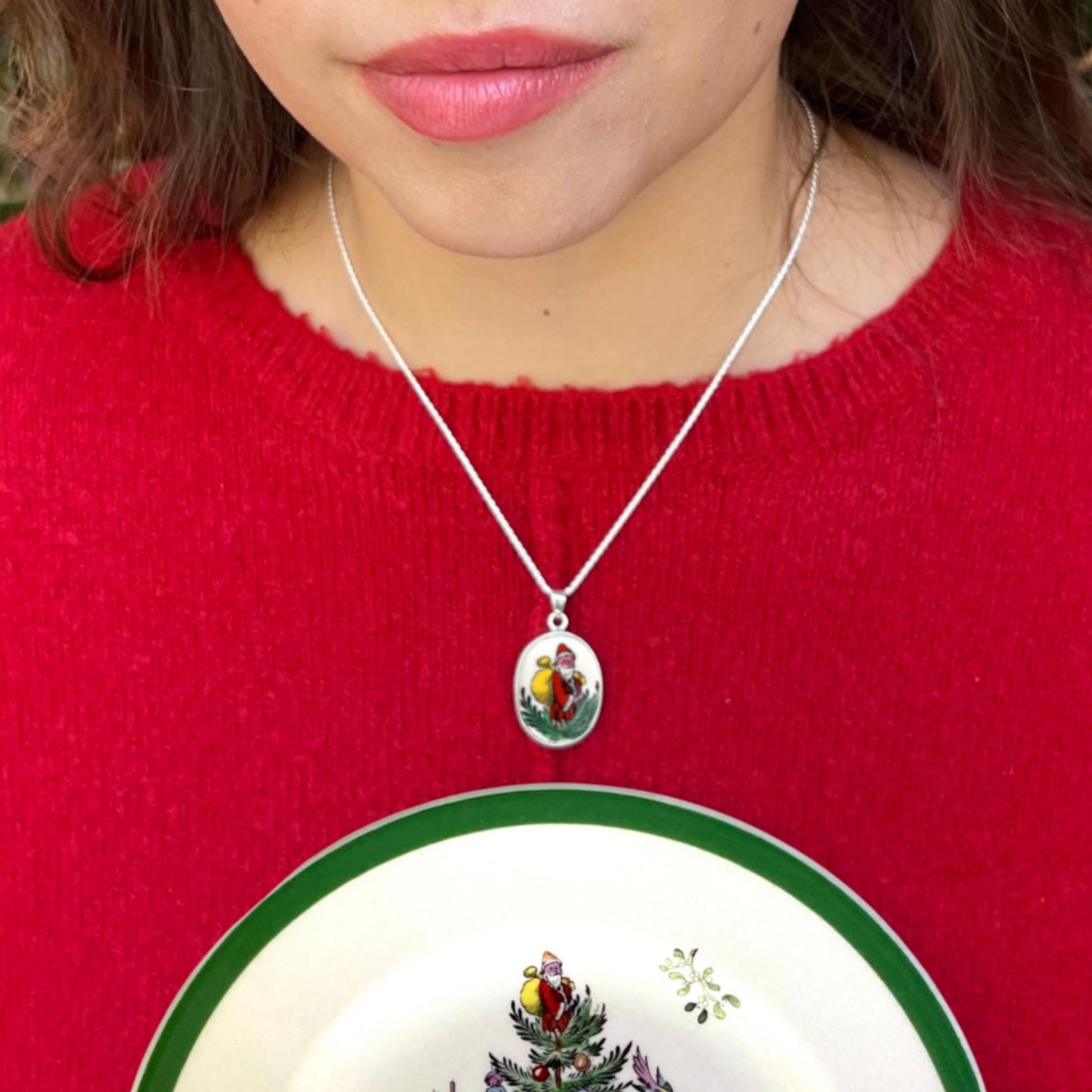 Vintage Spode Christmas Tree China Santa Necklace with Upcycled Porcelain Pendant, Handcrafted Broken China Jewelry Christmas Gift for Her
