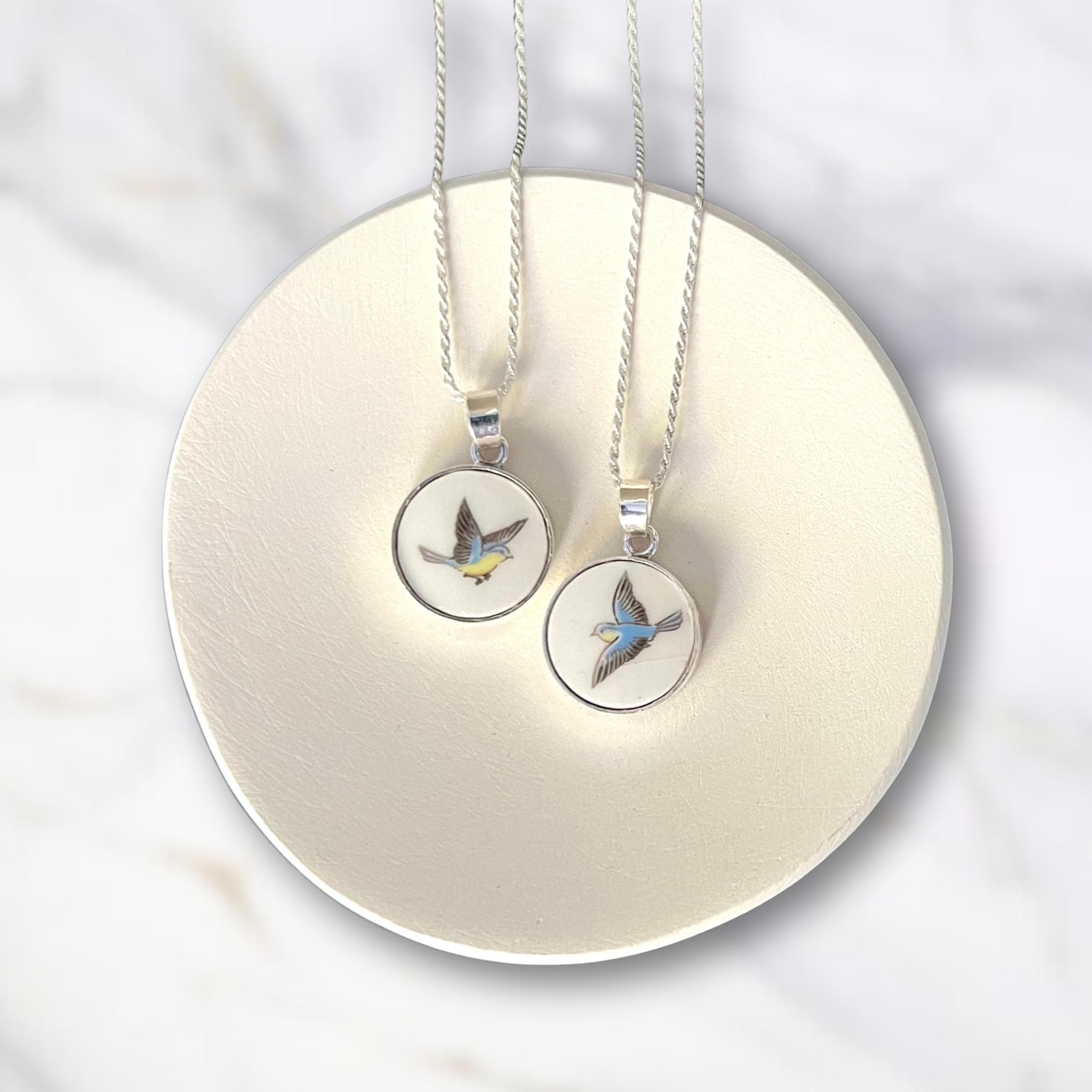 Blue Bird Necklaces made from an Upcycled Japanese Imari Porcelain Vase