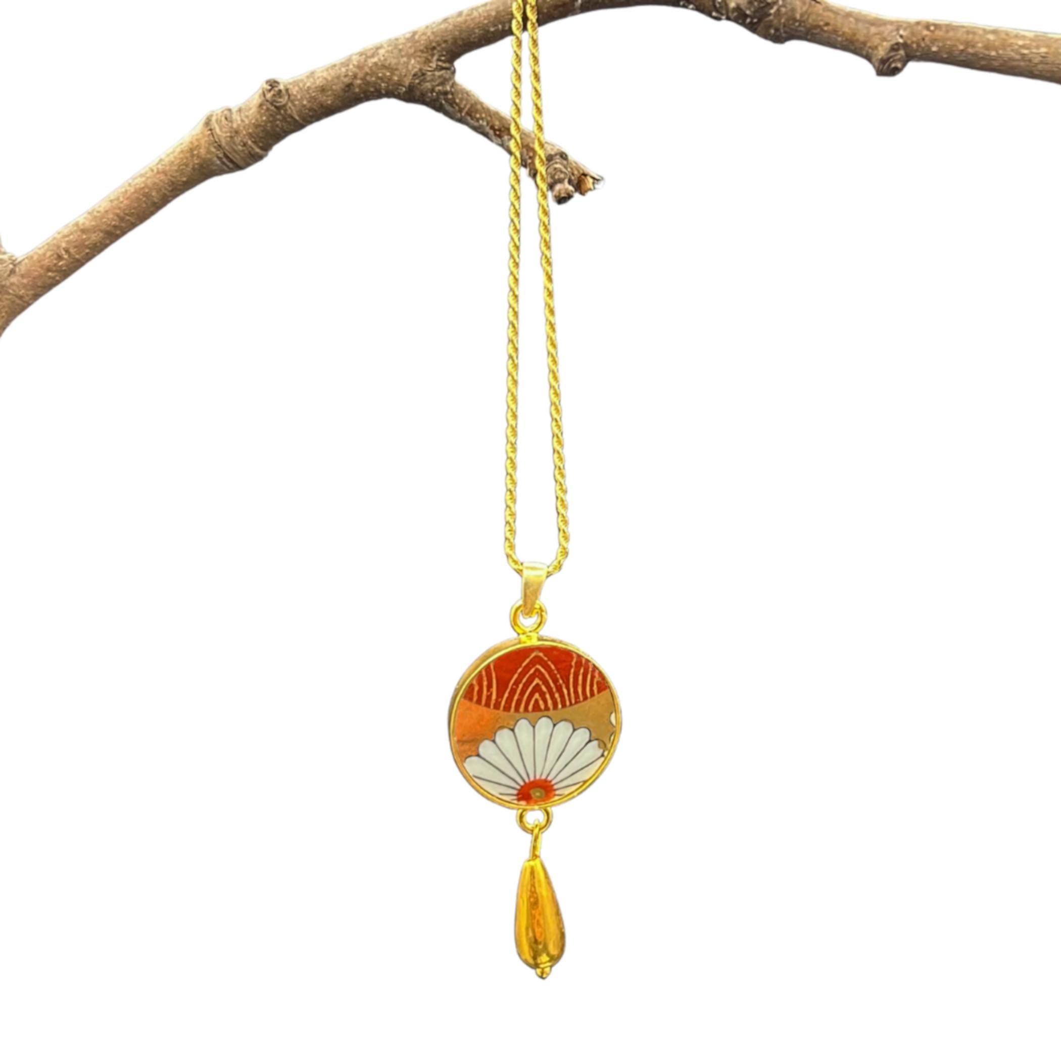 Long Artisan Imari Porcelain Necklace handcrafted from a Japanese Arita Yaki Yunomi, Gold Fall Floral China Jewelry Gift for Autumn Birthday