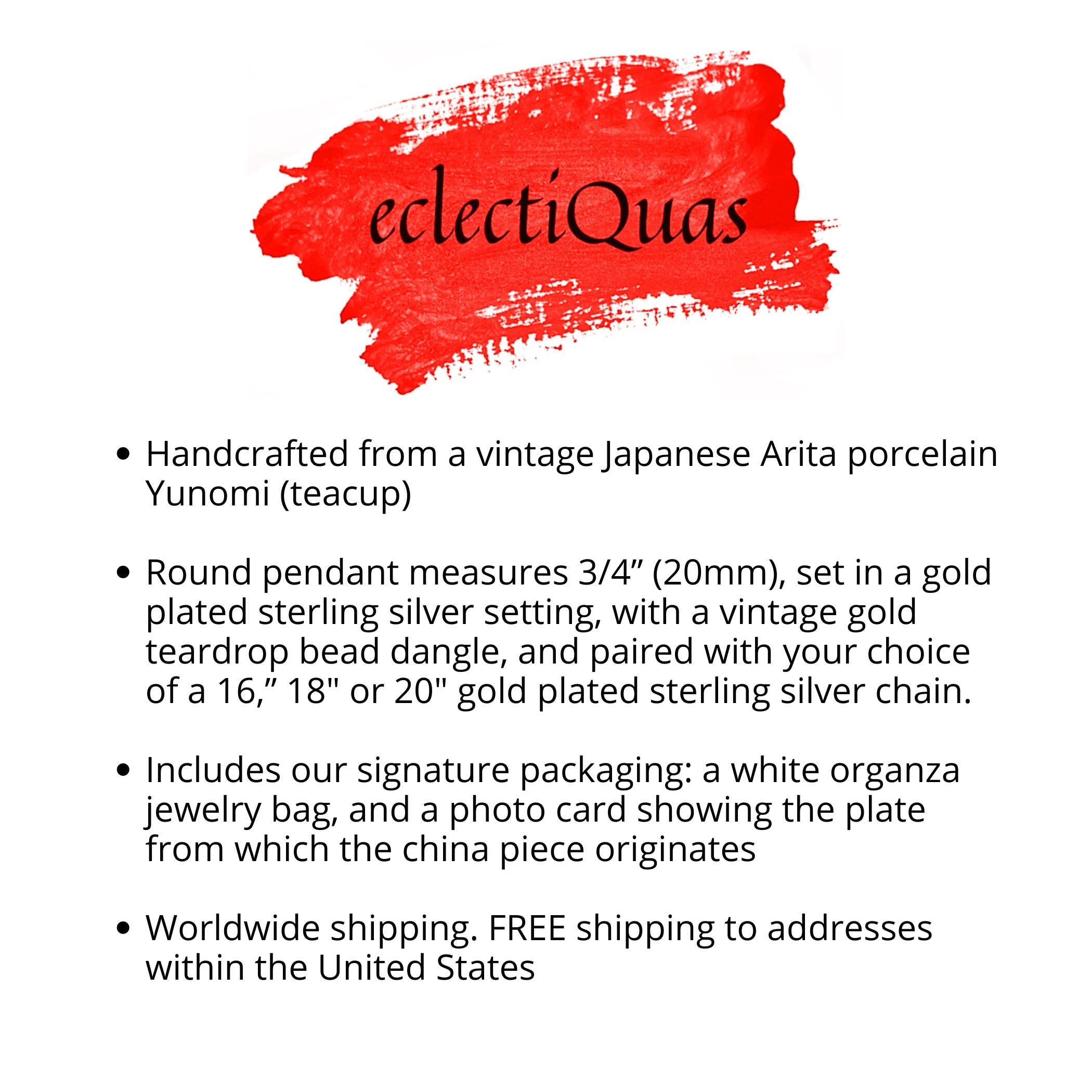 Long Artisan Imari Porcelain Necklace handcrafted from a Japanese Arita Yaki Yunomi, Gold Fall Floral China Jewelry Gift for Autumn Birthday